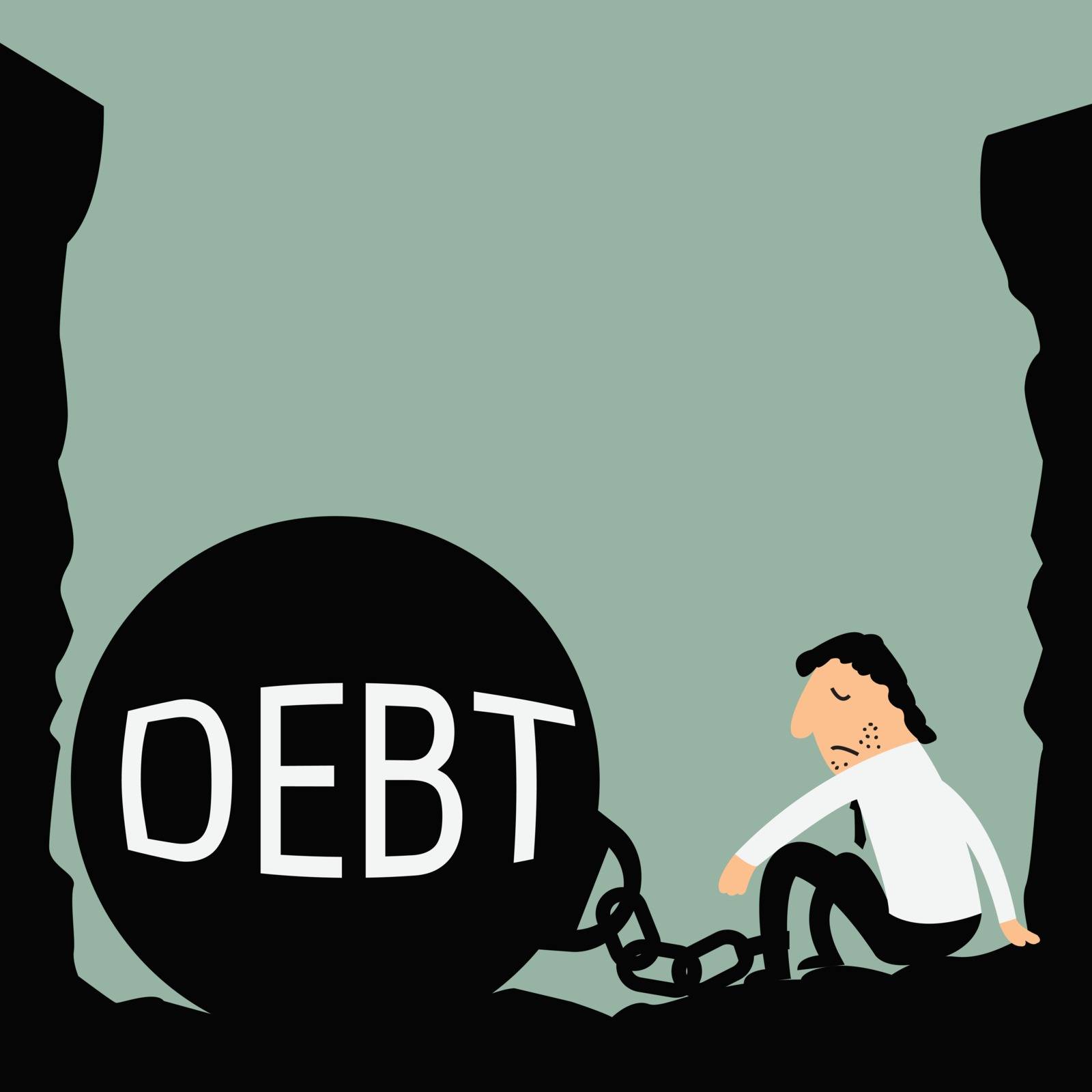 Abstract background on depressed businessman being trapped with big ball and chain in a hole, with message ' debt'. Business concept in bankruptcy, failure, or debt. 