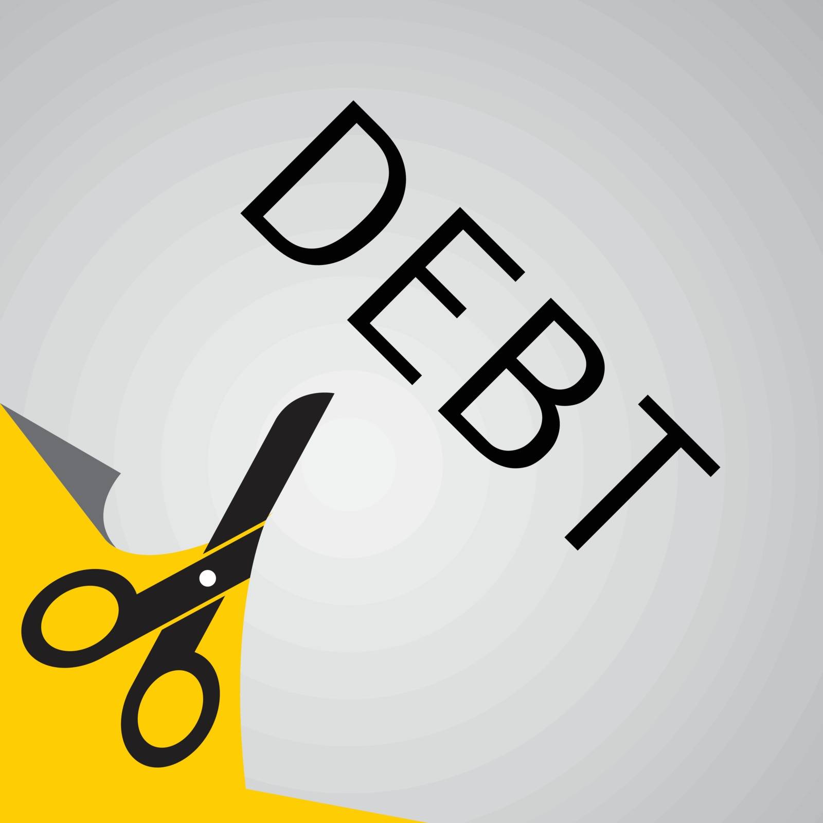 Cut debt concept, representing with scissors cutting banner with message debt. Abstract business and finance background.