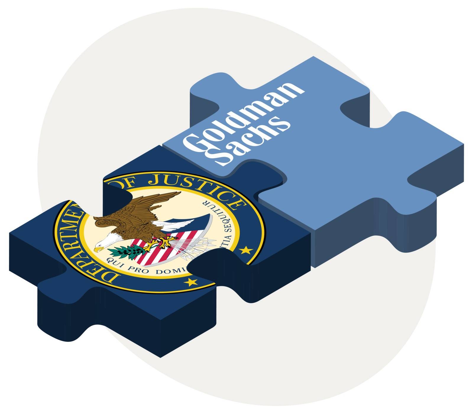 ISTANBUL, TURKEY - JUNE 08, 2015: United States Department of Justice Seal and The Goldman Sachs Group, Inc. logotype in puzzle form on white background. The Goldman Sachs Group, Inc. is an American multinational investment banking firm that engages in global investment banking, securities, investment management, and other financial services primarily with institutional clients.
