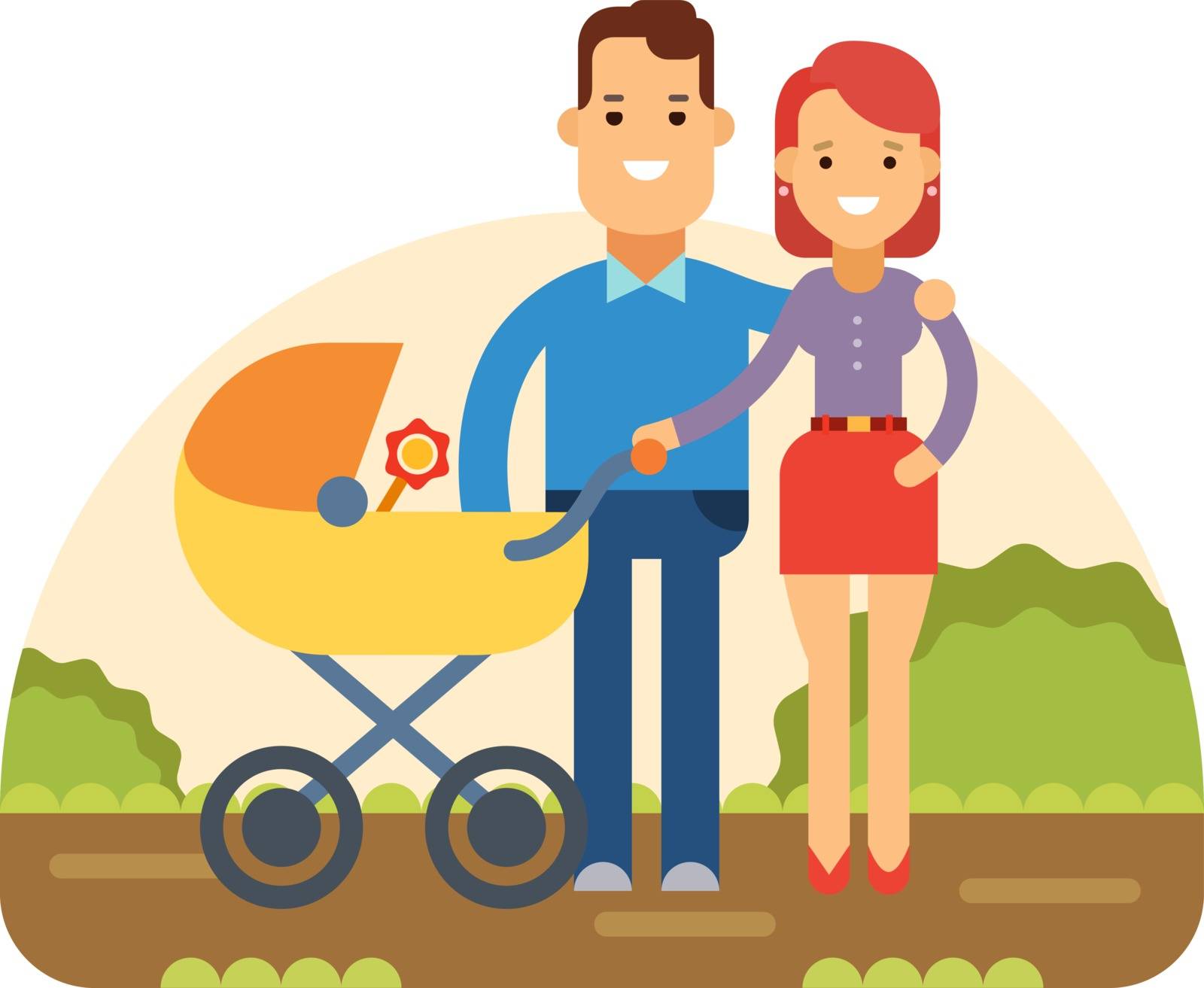 Happy young family with a baby in stroller walking in Park concept flat vector illustration