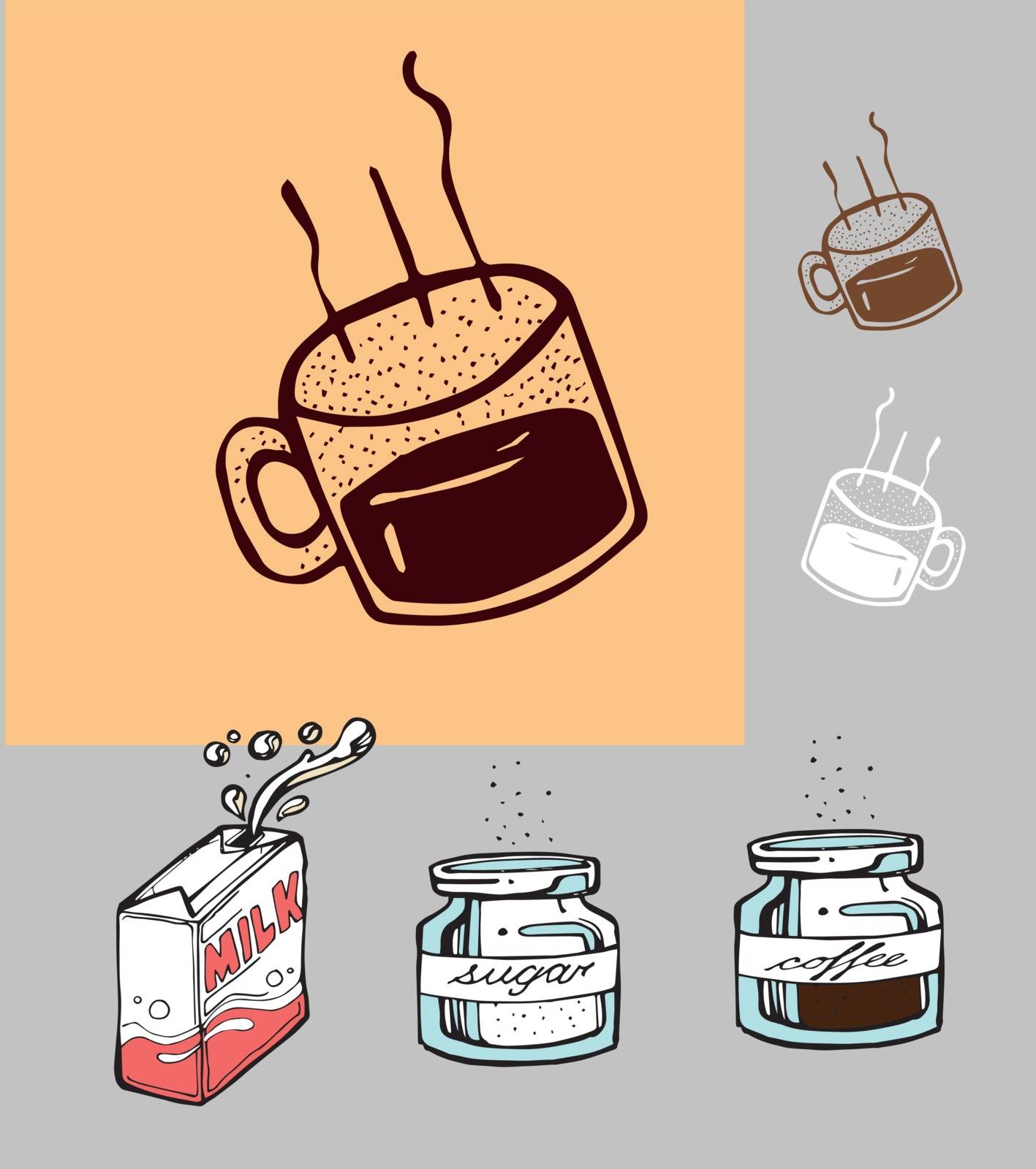 Hand drawn vector illustration or drawing of some cups, milks, sugar and coffee