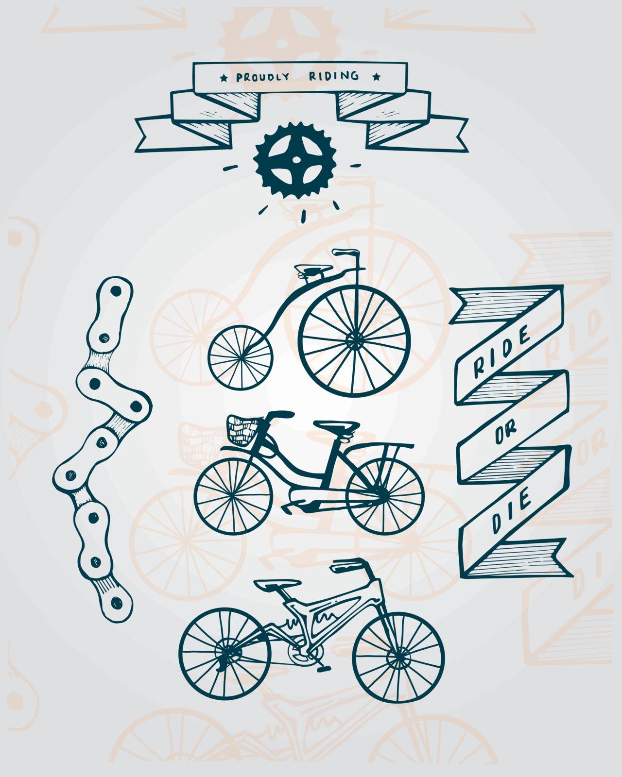 Hand drawn vector illustration or drawing of different bicycle and cycling related items