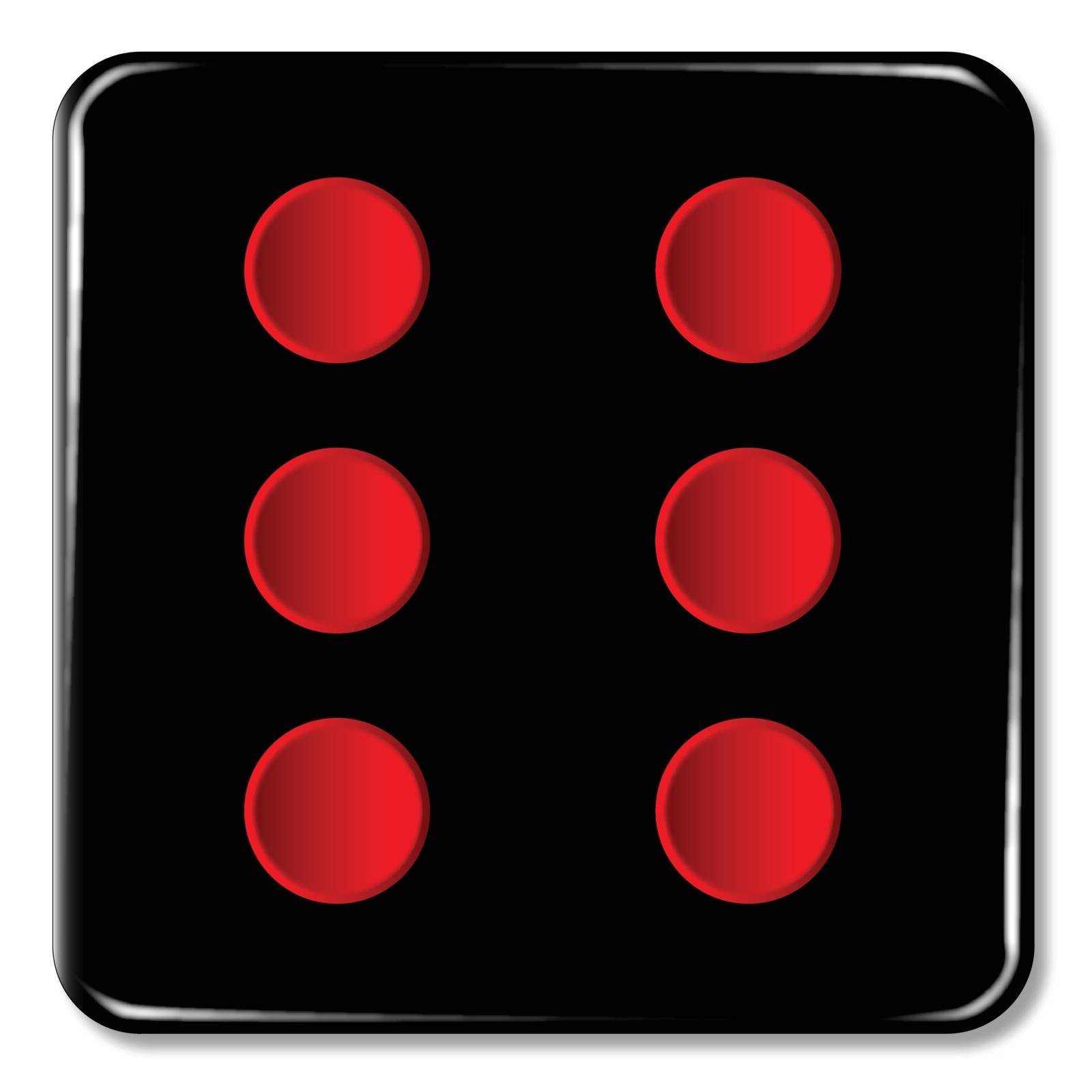 The face of a dice with six red spots over a white background