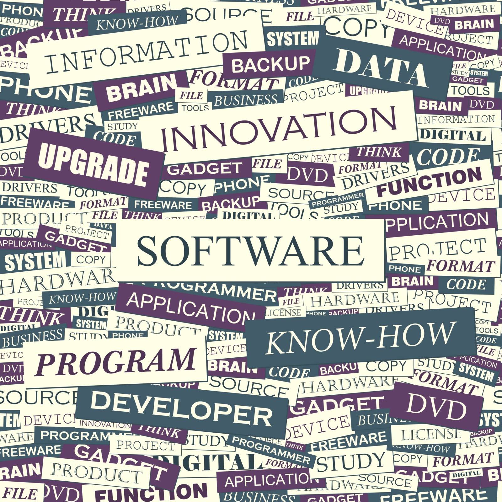 SOFTWARE. Seamless pattern. Concept related words in tag cloud. Conceptual info-text graphic. Word collage.