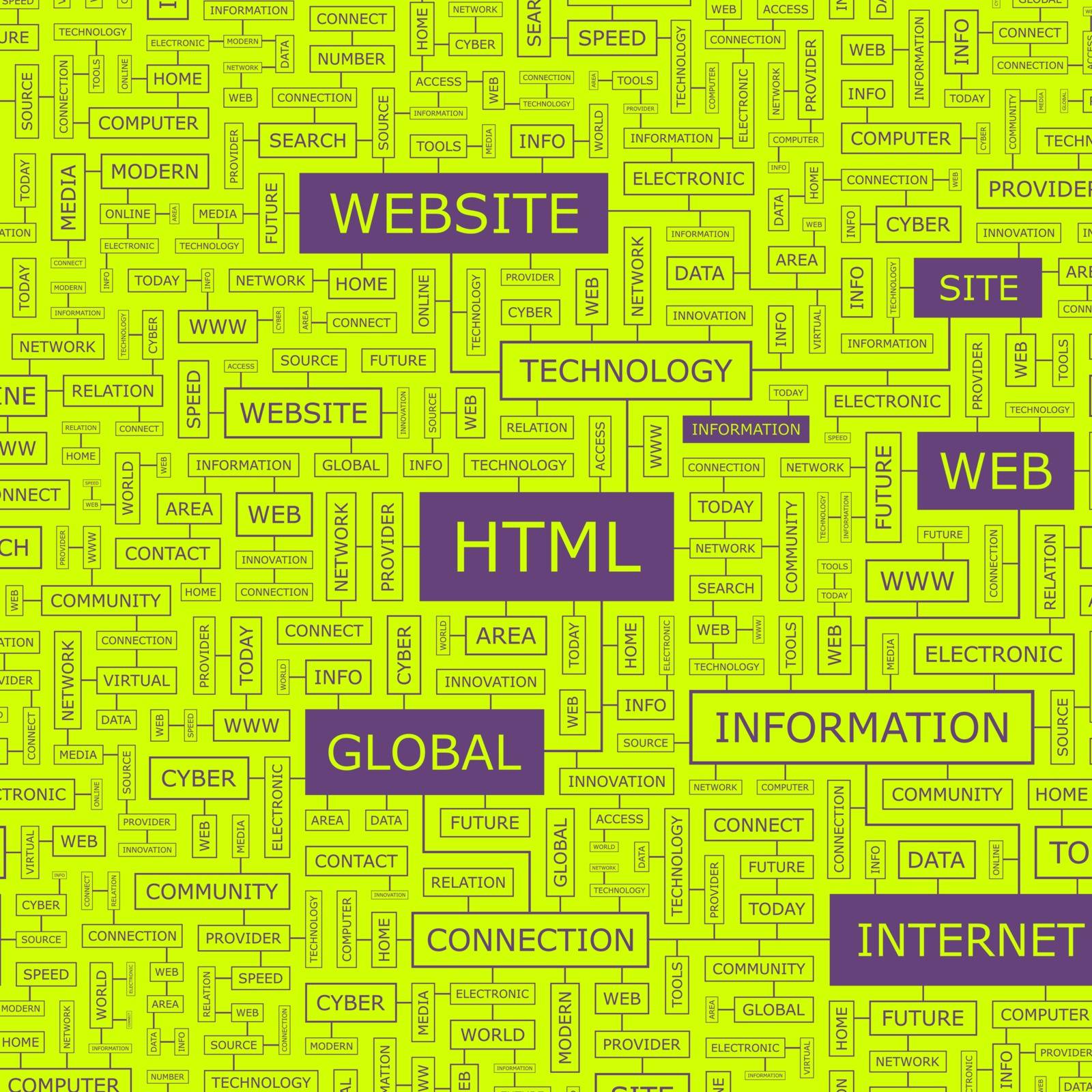 HTML. Word cloud illustration. Tag cloud concept collage.