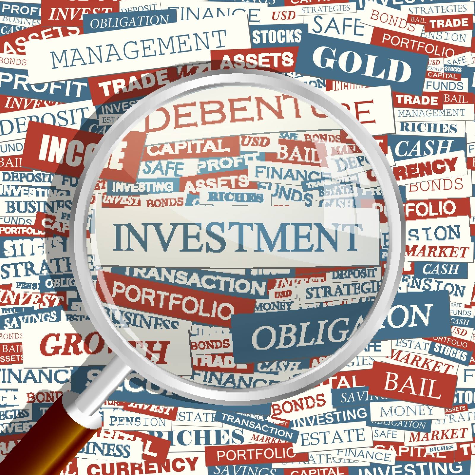 INVESTMENT. Concept related words in tag cloud. Conceptual info-text graphic. Word collage.