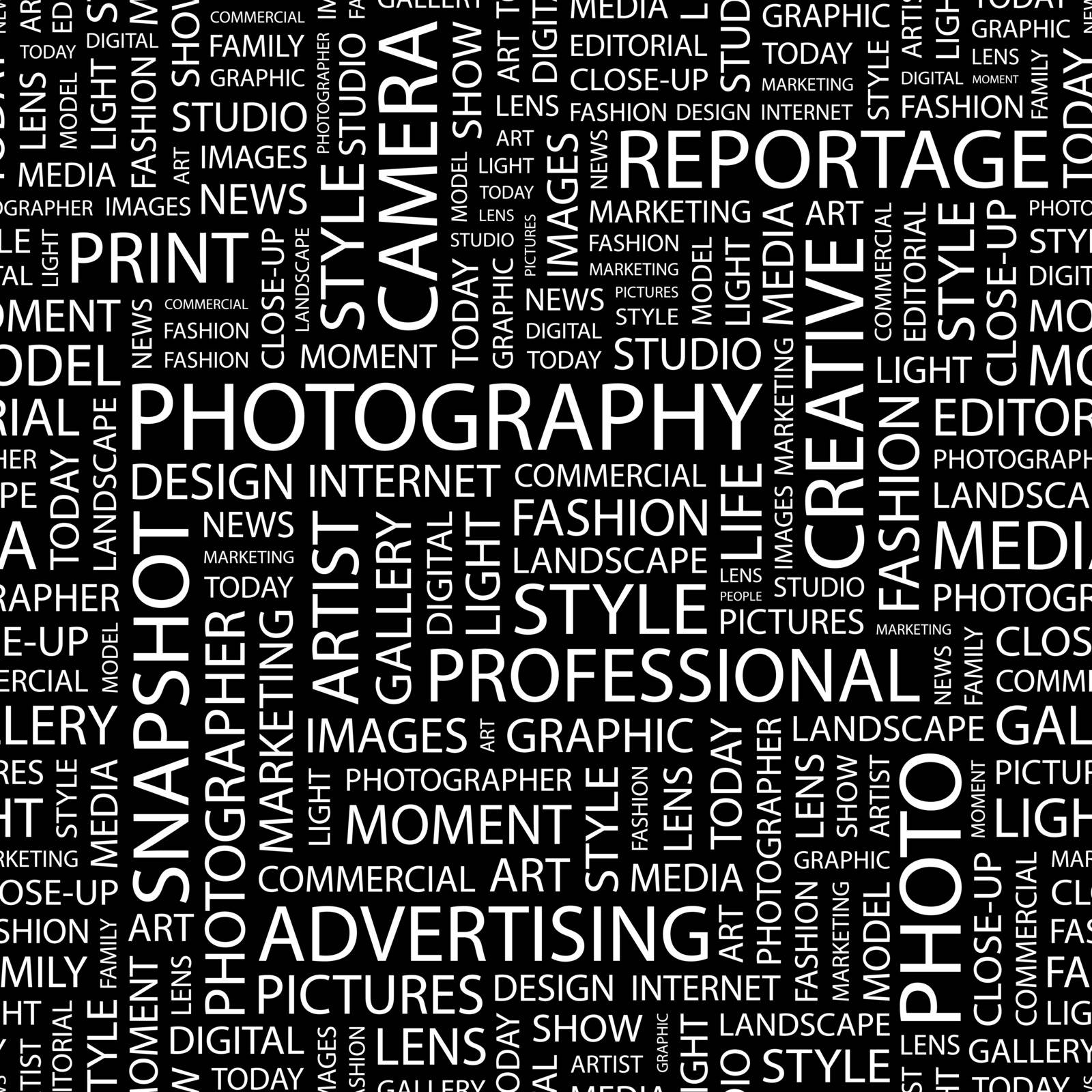 PHOTOGRAPHY. Seamless pattern. Word cloud illustration.