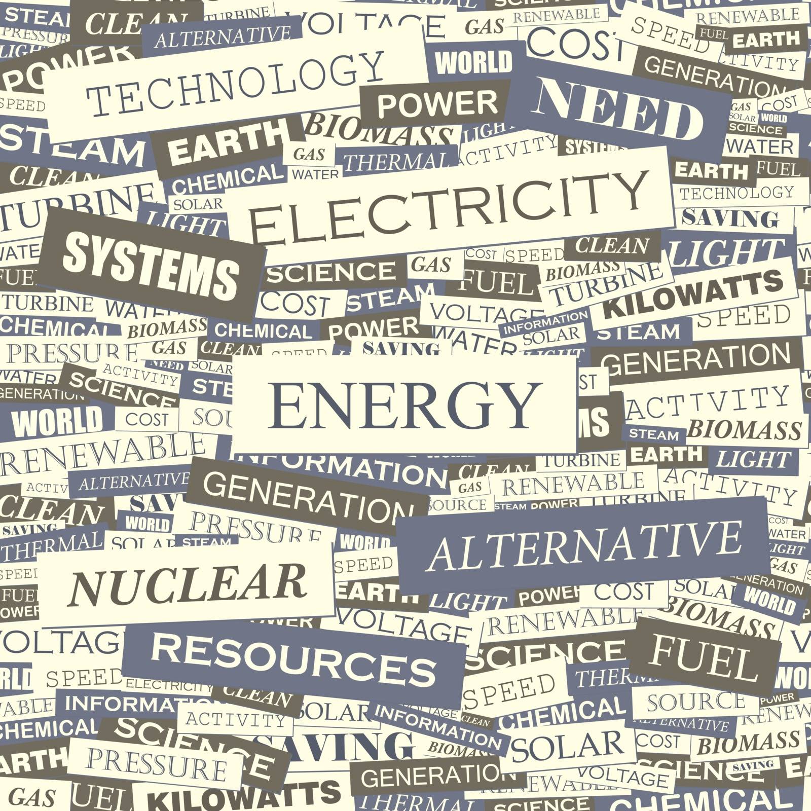 ENERGY. Seamless pattern. Concept related words in tag cloud. Conceptual info-text graphic. Word collage.