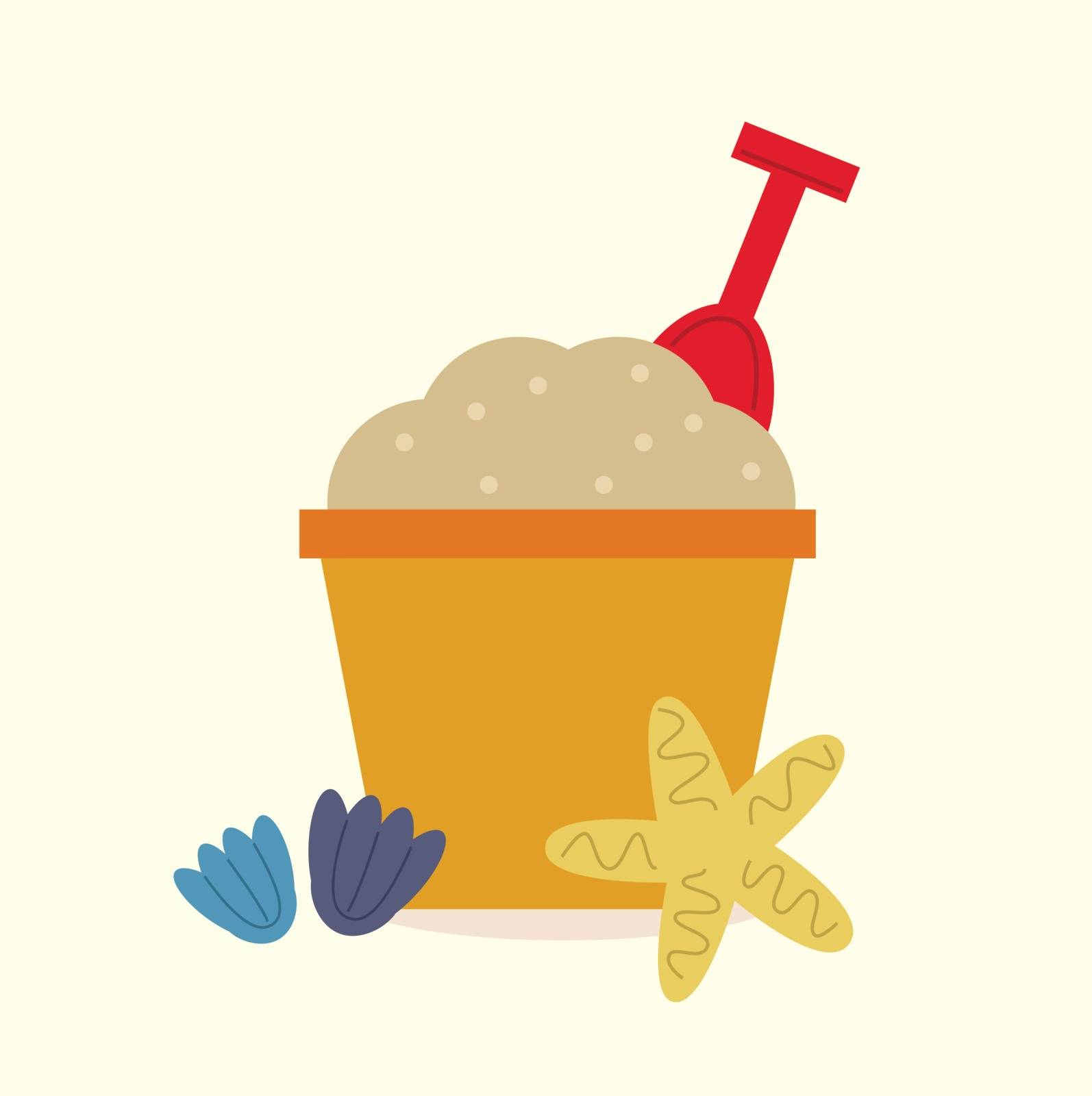 Colorful Sand pail isolated on beach background. Vector cartoon Illustration