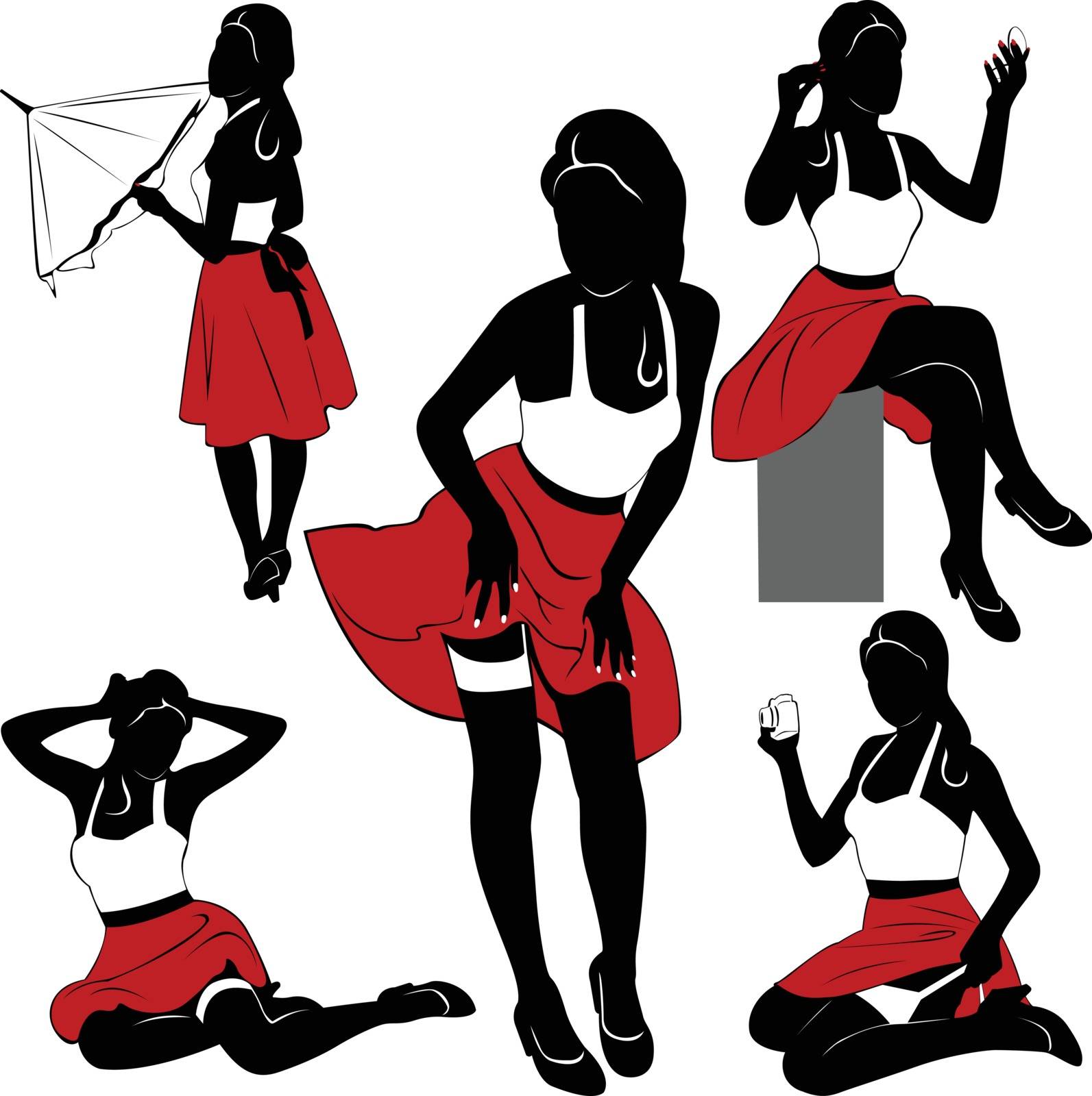 Vector of silhouettes of pin up sexy girls on white background