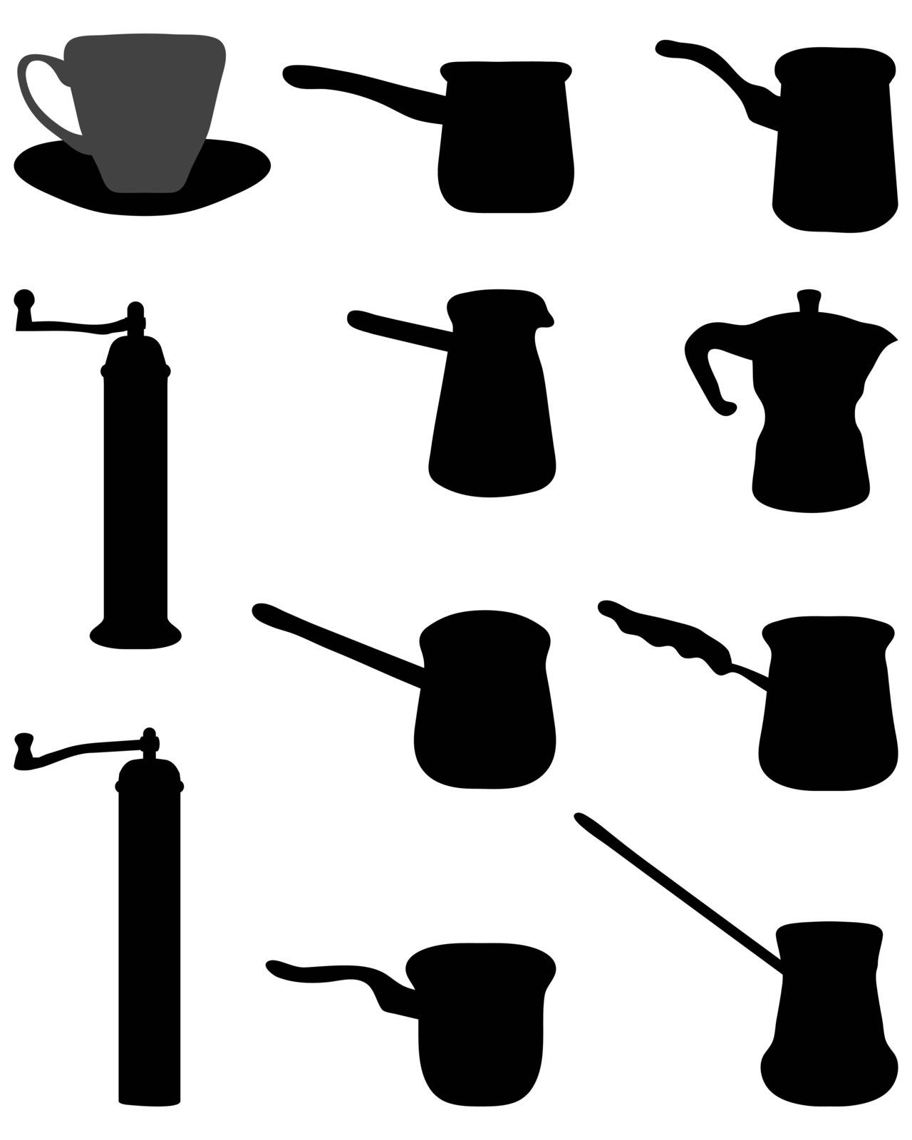 Black silhouettes of pot and grinder for coffee