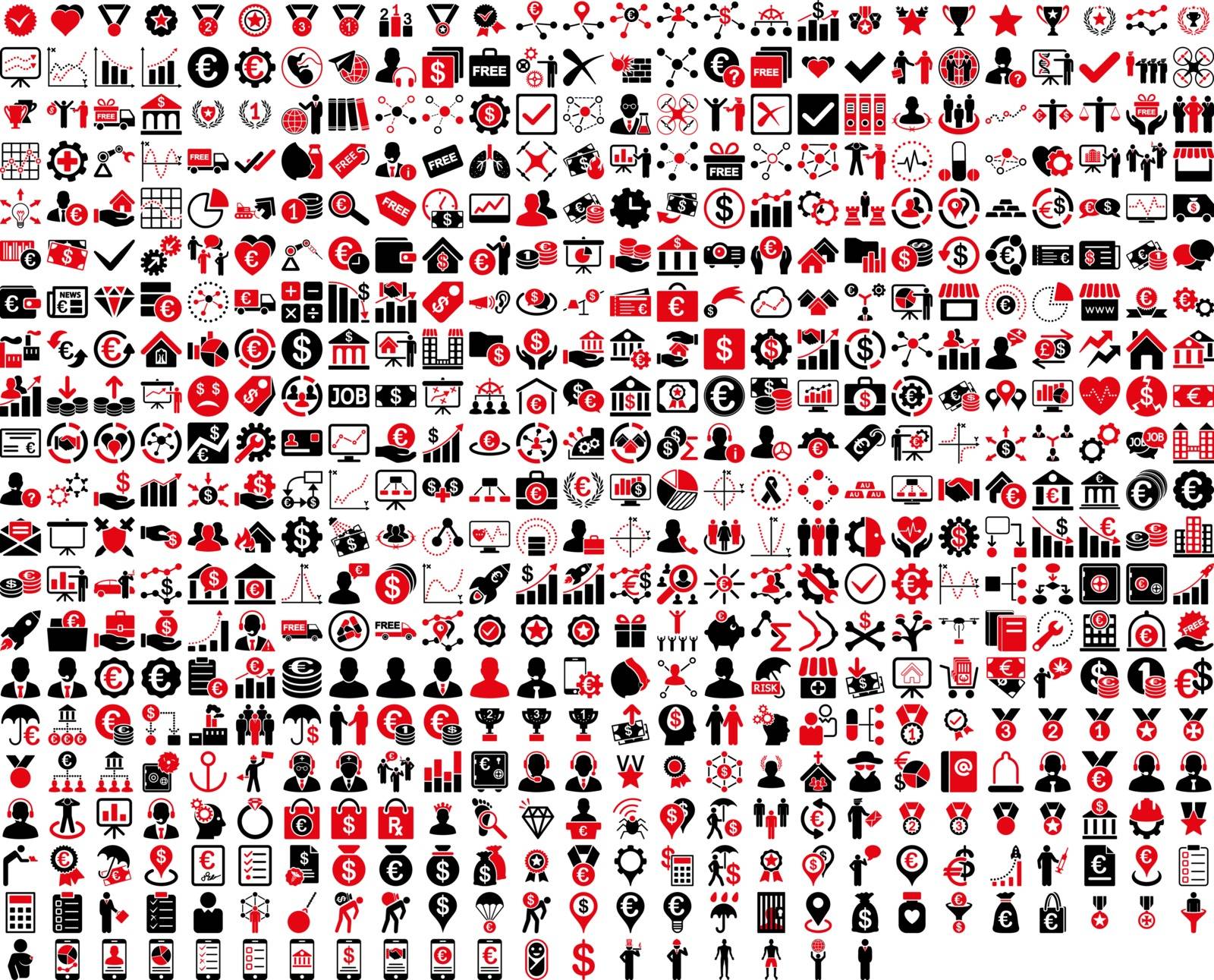 Application Toolbar Icons. 576 flat bicolor icons use intensive red and black colors. Vector images are isolated on a white background. 