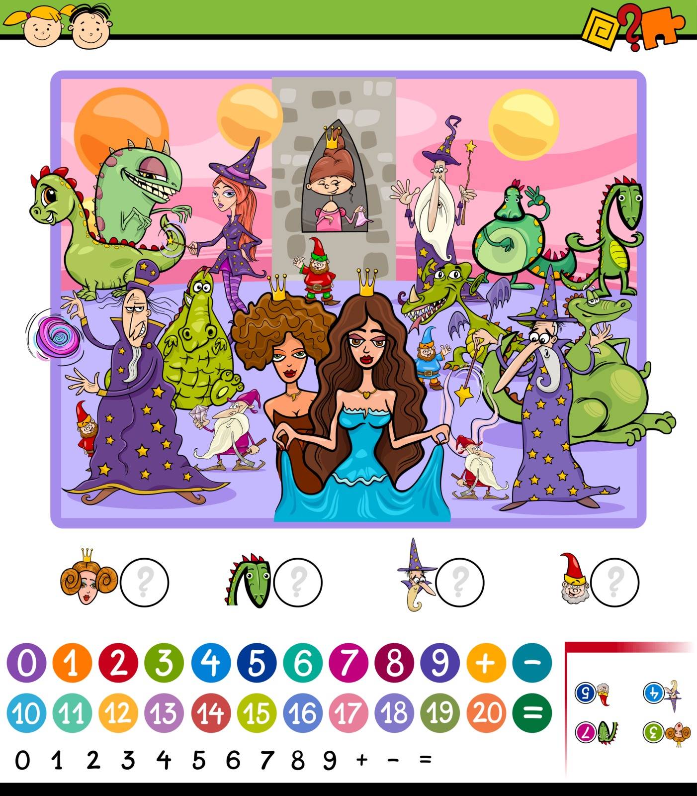 Cartoon Illustration of Education Mathematical Game for Preschool Children with Fantasy Characters