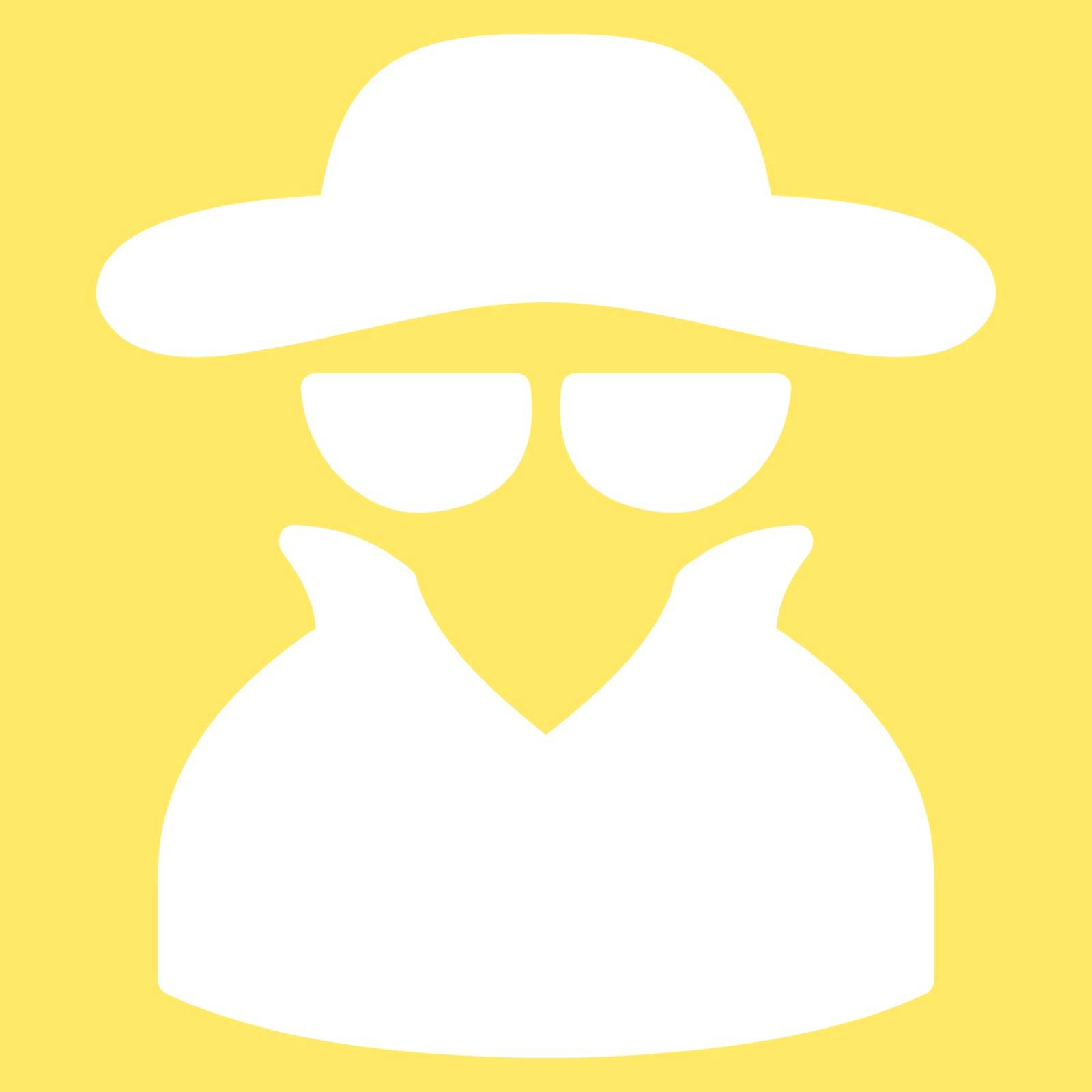 Spy icon from Business Bicolor Set. Vector style is flat symbol, white color, rounded angles, yellow background.