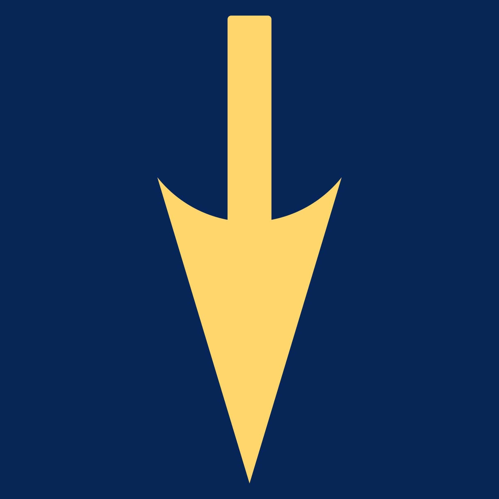 Sharp Down Arrow icon from Primitive Set. This isolated flat symbol is drawn with yellow color on a blue background.