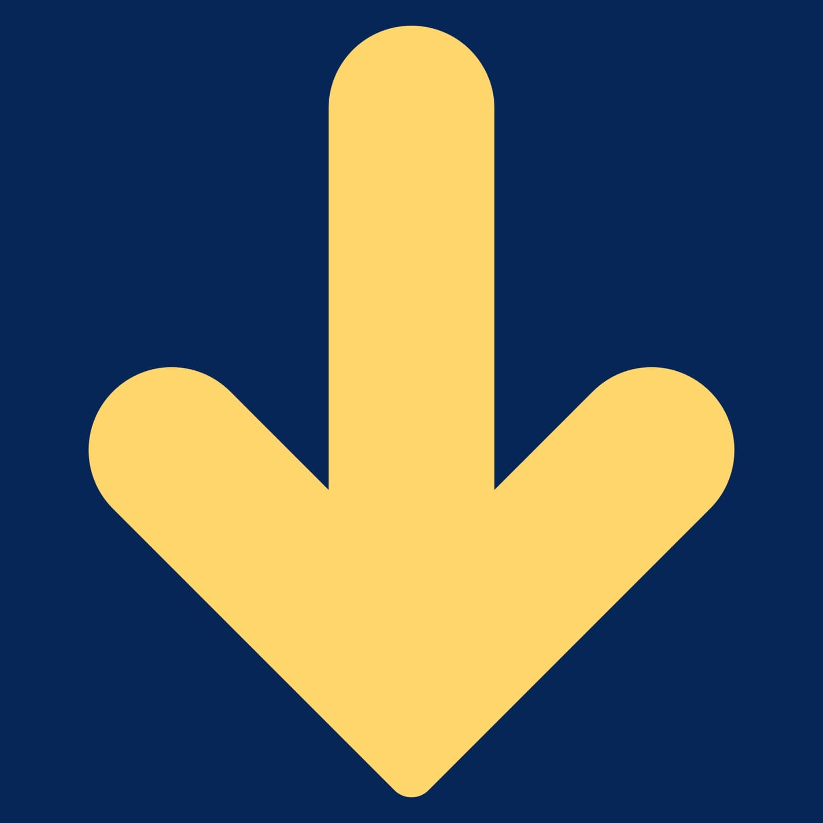 Arrow Down icon from Primitive Set. This isolated flat symbol is drawn with yellow color on a blue background, angles are rounded.