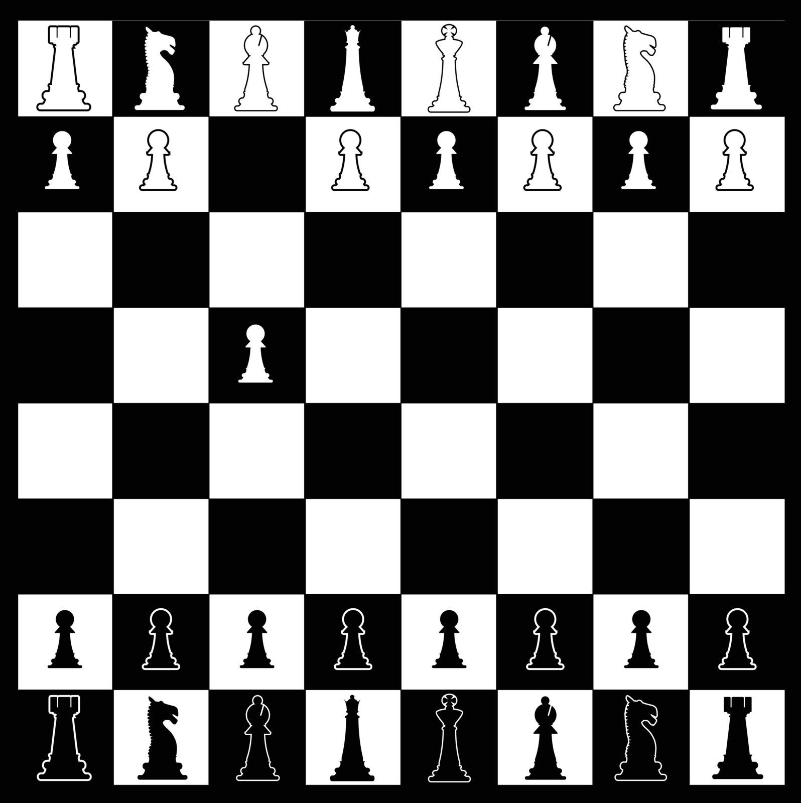 Layout of a chess board in black and white with whites first move