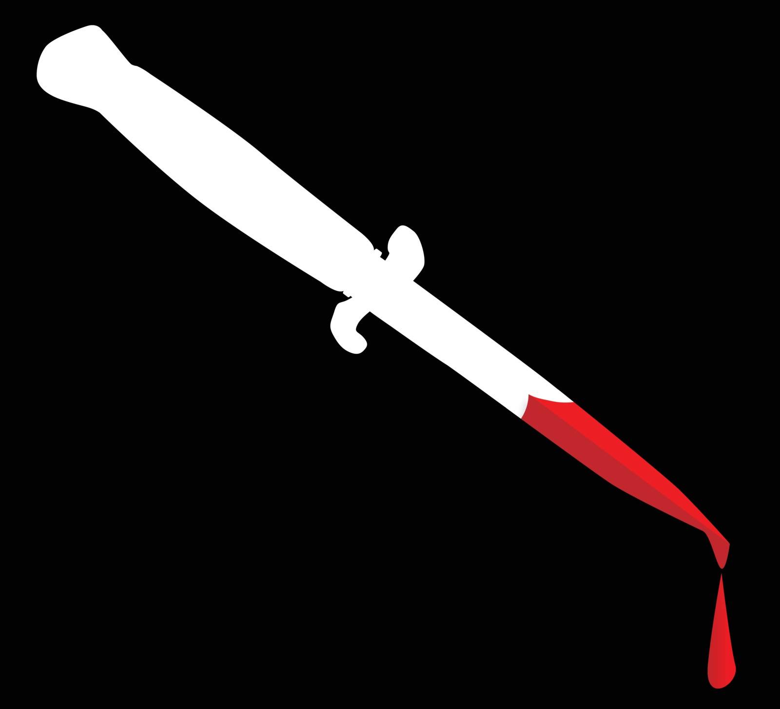 A typical gangland flick knife weapon in silhouette with blood over a black background