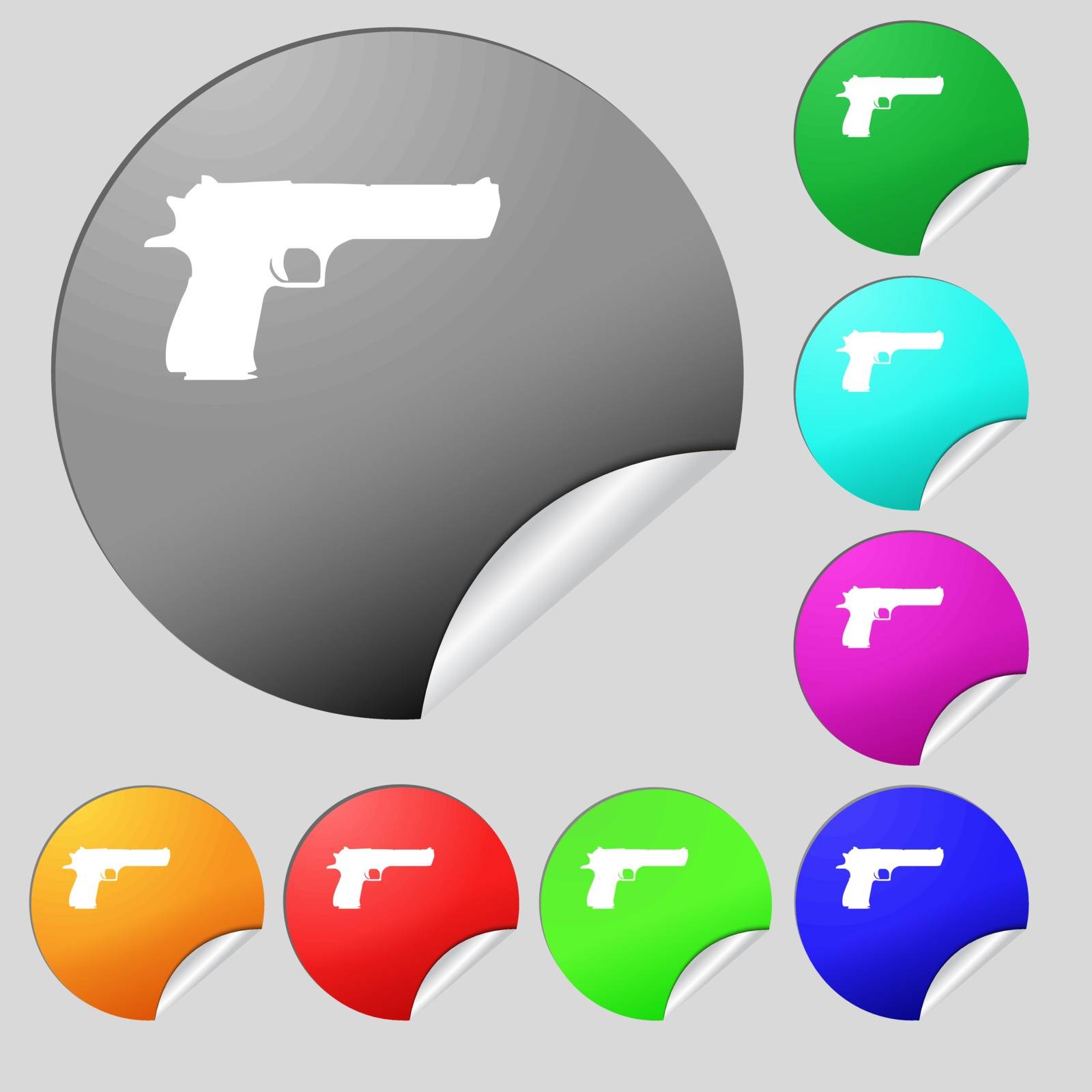 gun icon sign. Set of eight multi colored round buttons, stickers. Vector by serhii_lohvyniuk