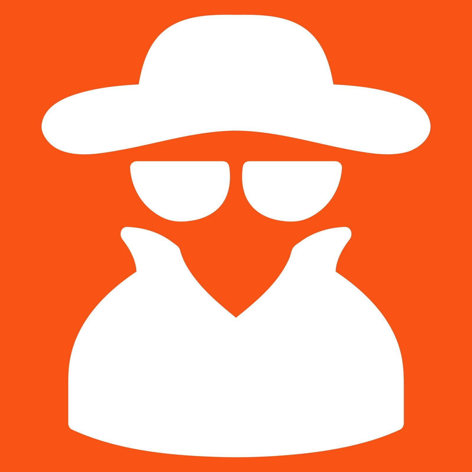 Spy icon from Business Bicolor Set. Vector style is flat symbol, white color, rounded angles, orange background.