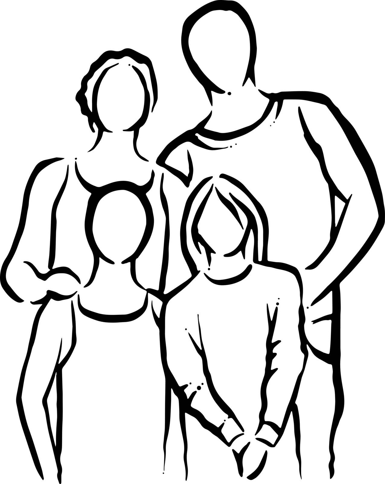 A husband and wife standing together, as a family, with their children.