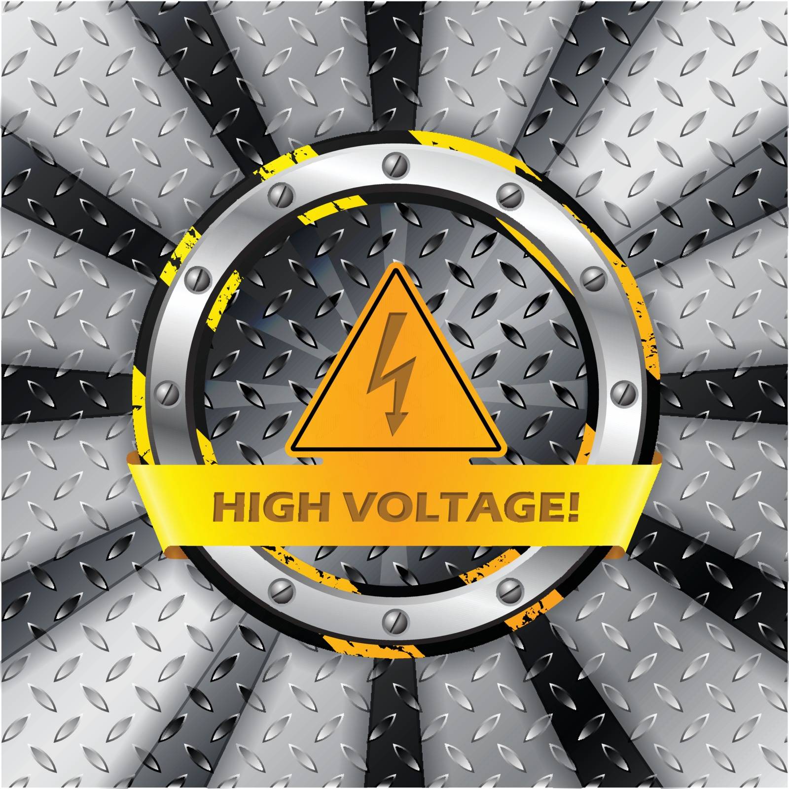 High voltage warning sign on metallic plate background