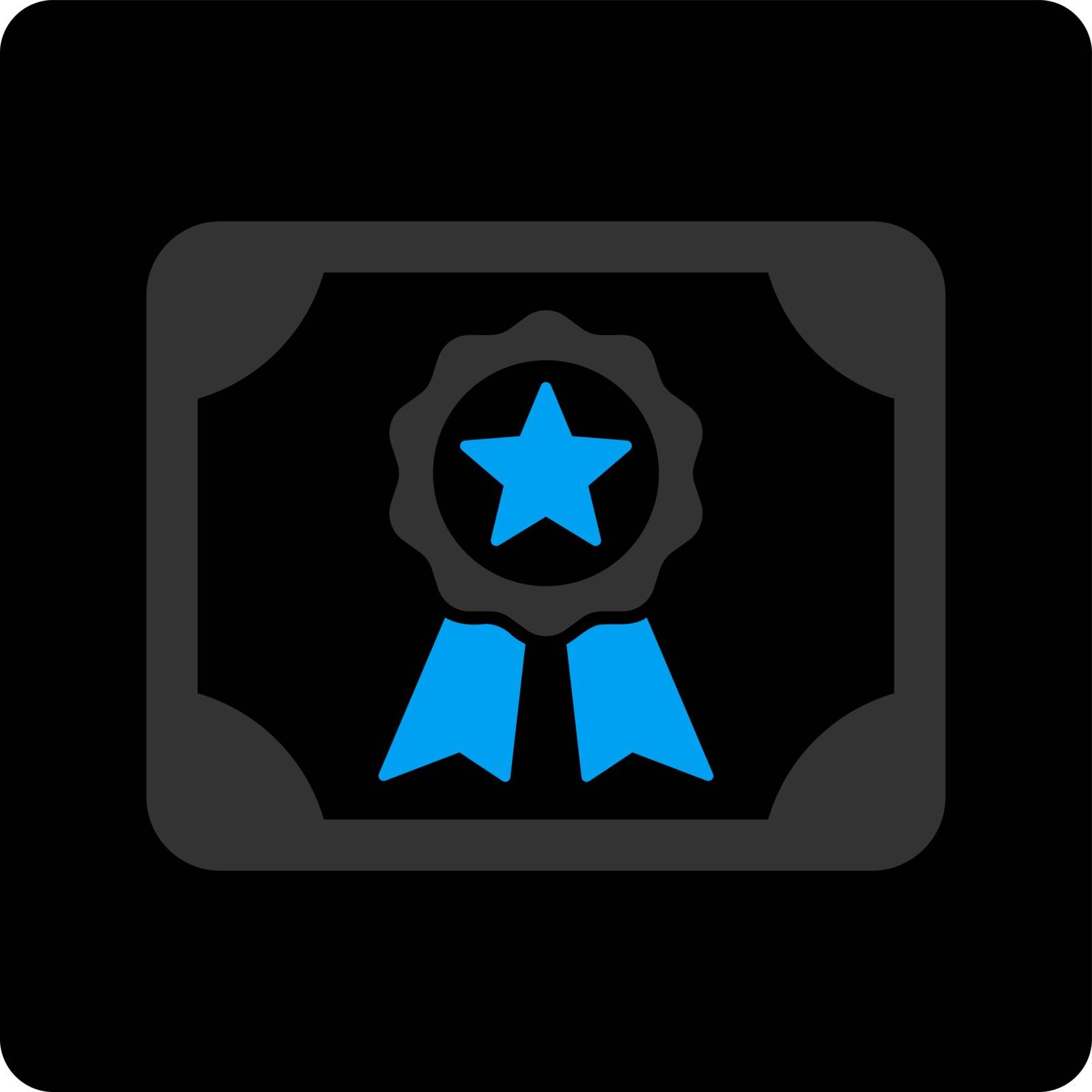 Certificate icon. Vector style is bicolor flat symbol, gray and light blue colors, black rounded square button, white background.