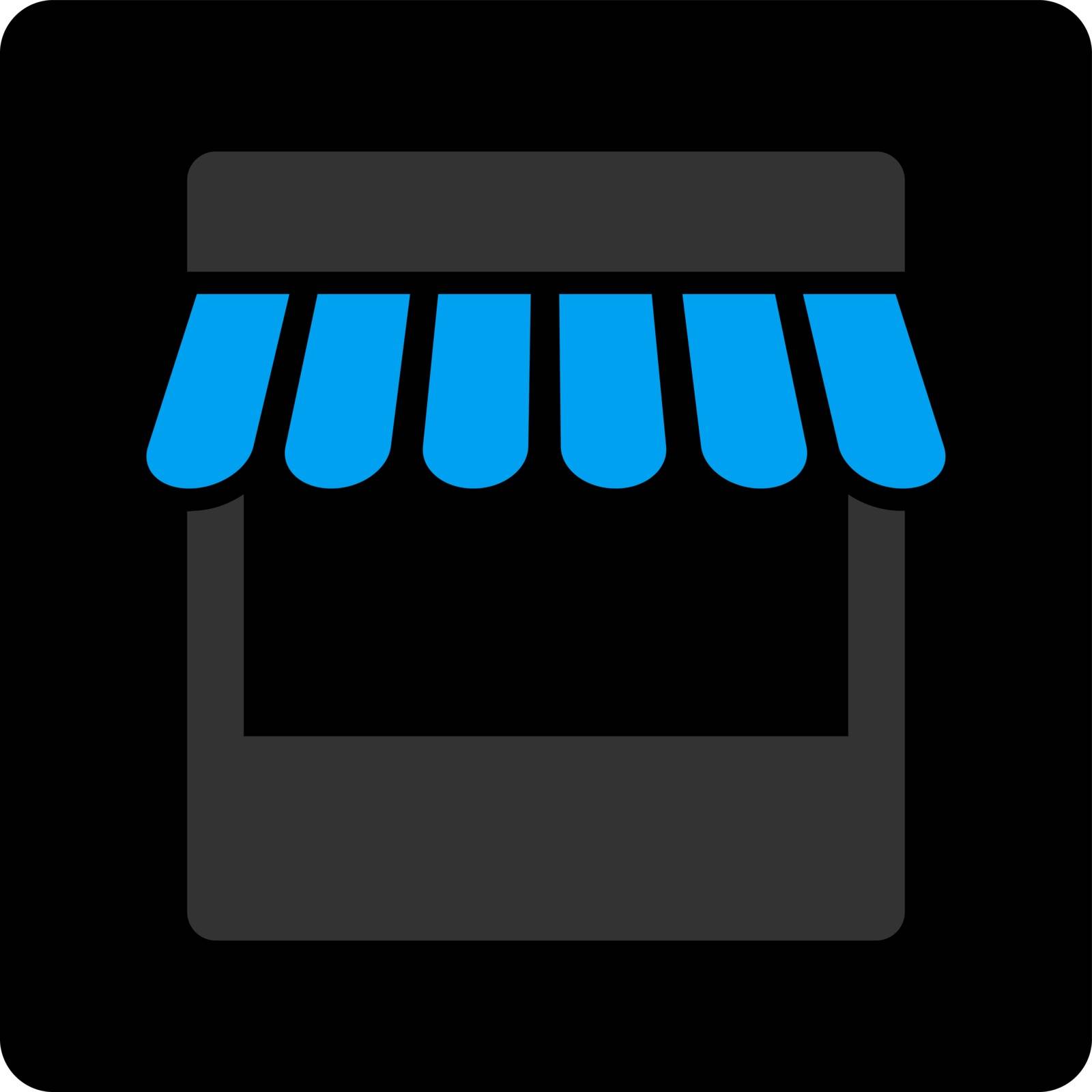 Store icon. Vector style is bicolor flat symbol, gray and light blue colors, black rounded square button, white background.