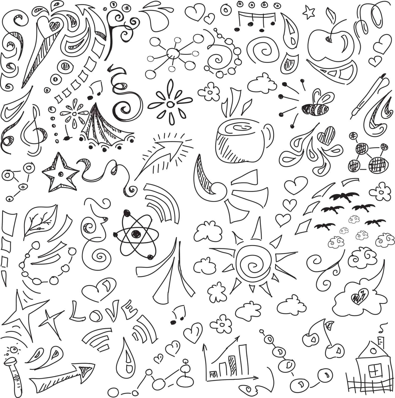 Drawn image with symbols on white background