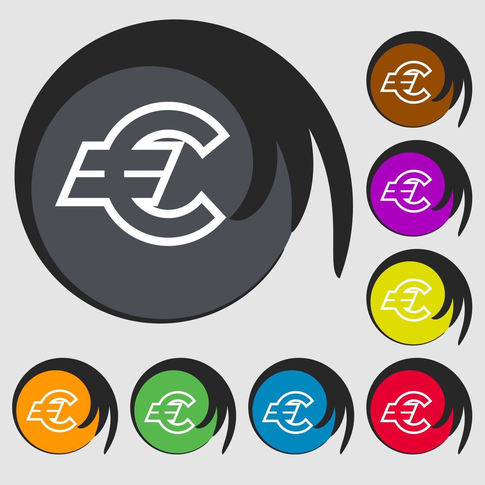 Euro EUR icon sign. Symbol on eight colored buttons. Vector illustration