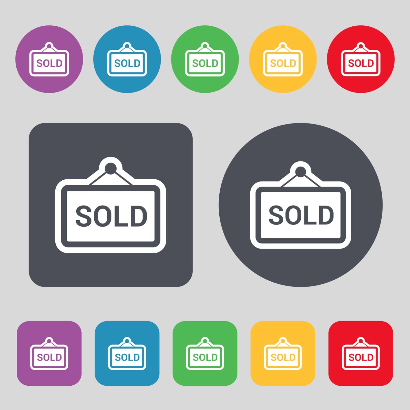 Sold icon sign. A set of 12 colored buttons. Flat design. Vector illustration