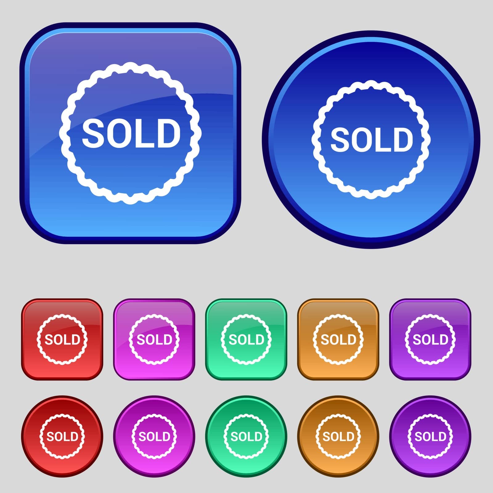 Sold icon sign. A set of twelve vintage buttons for your design. Vector illustration