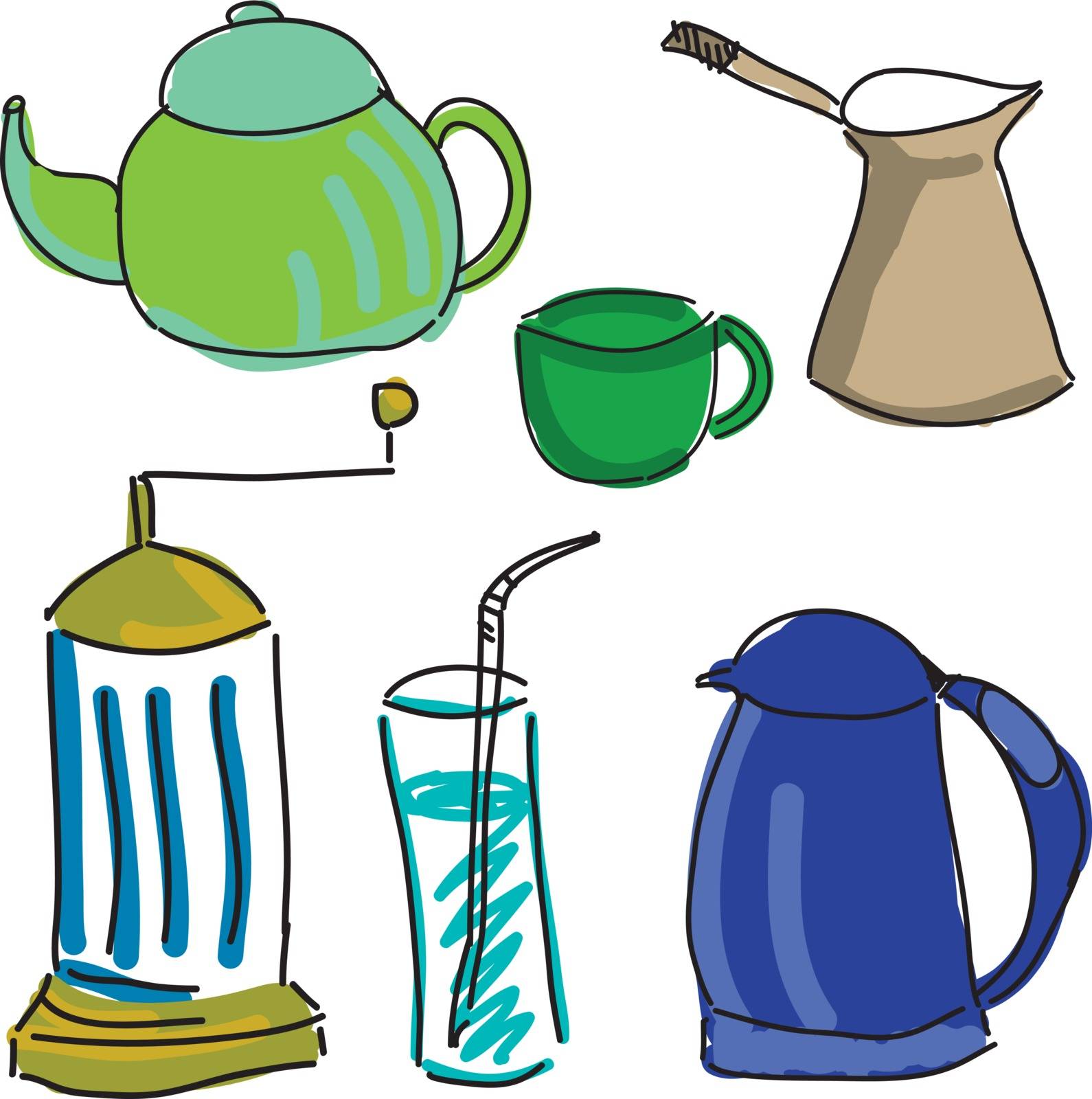 Drawn colored kitchen stuff on white background, close-up view. Vector illustration