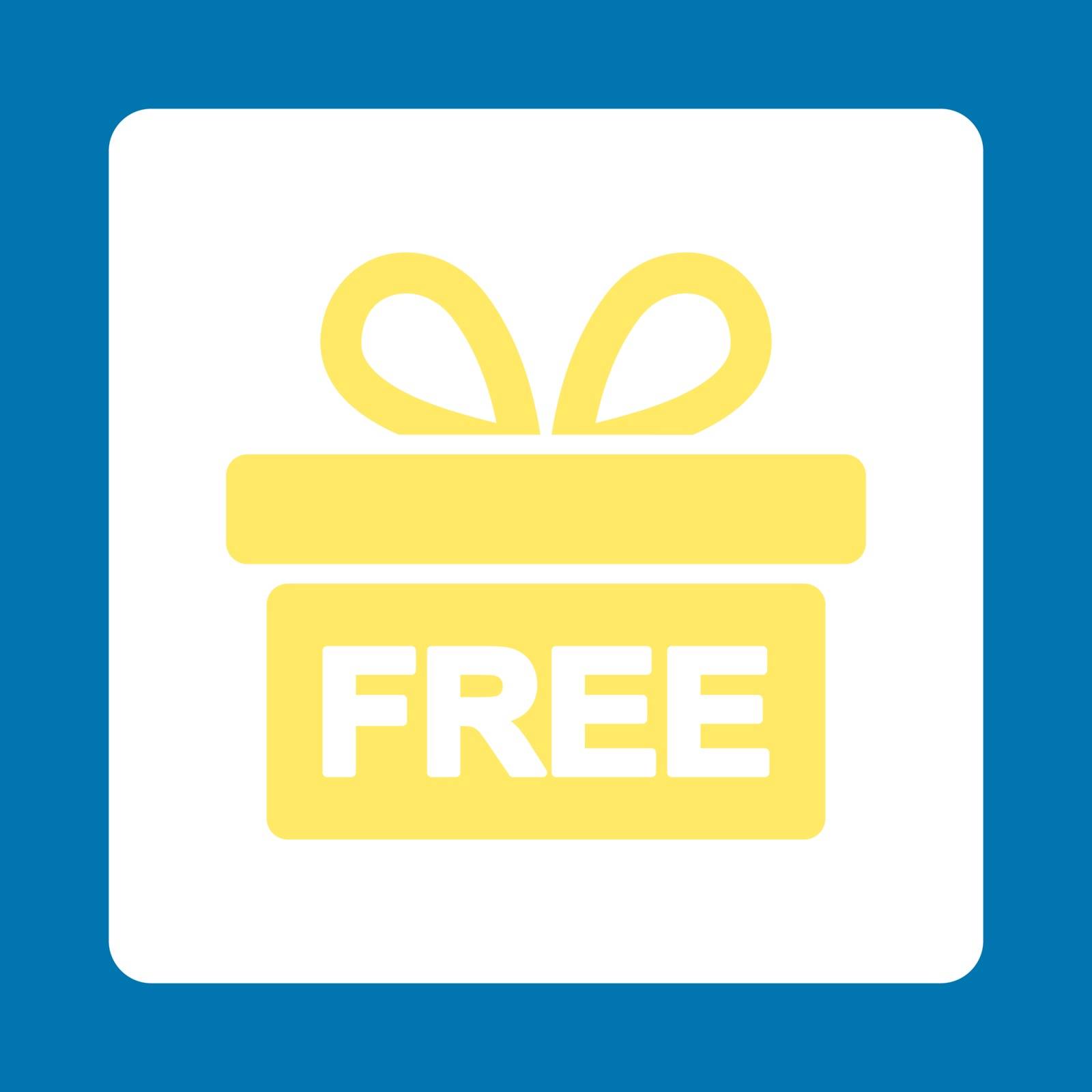 Gift icon. This flat rounded square button uses yellow and white colors and isolated on a blue background.
