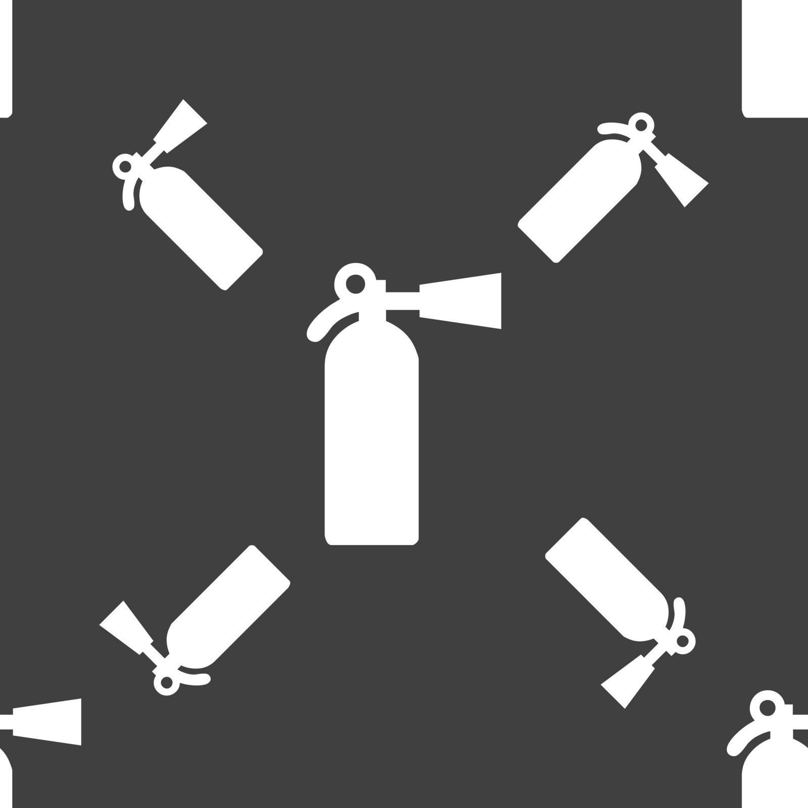 extinguisher icon sign. Seamless pattern on a gray background. Vector illustration
