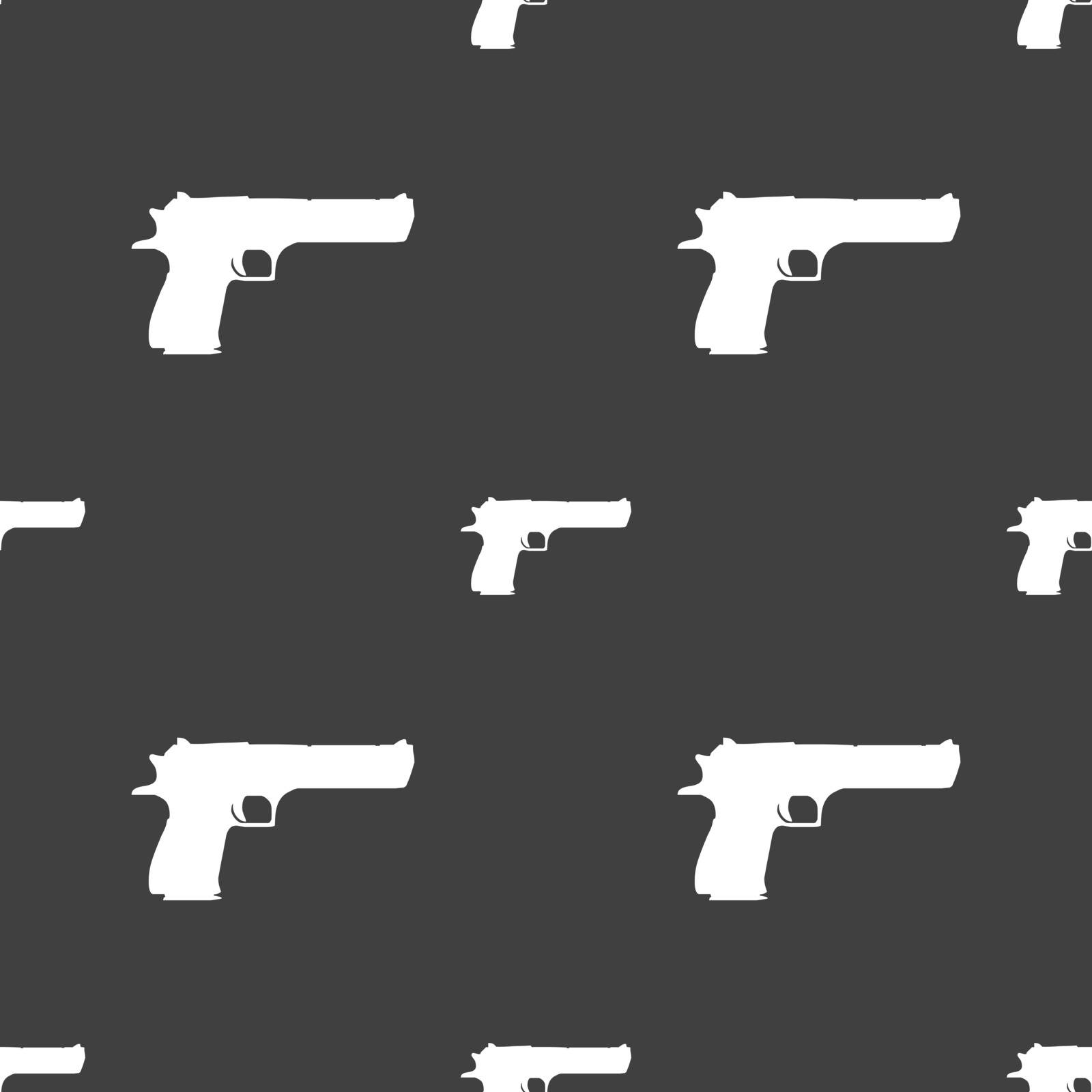 gun icon sign. Seamless pattern on a gray background. Vector by serhii_lohvyniuk