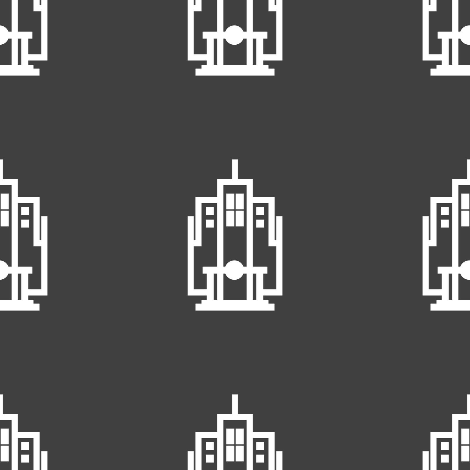 skyscraper icon sign. Seamless pattern on a gray background. Vector by serhii_lohvyniuk