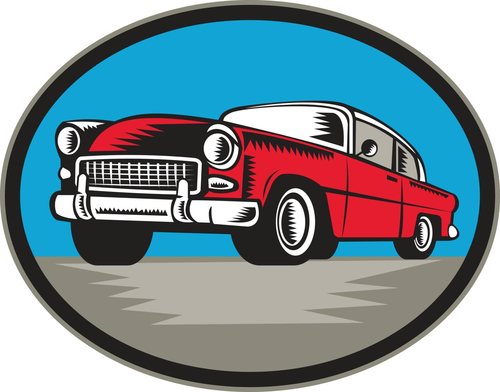 Illustration of a vintage classic car viewed from low angle set inside oval shape done in retro woodcut style.
