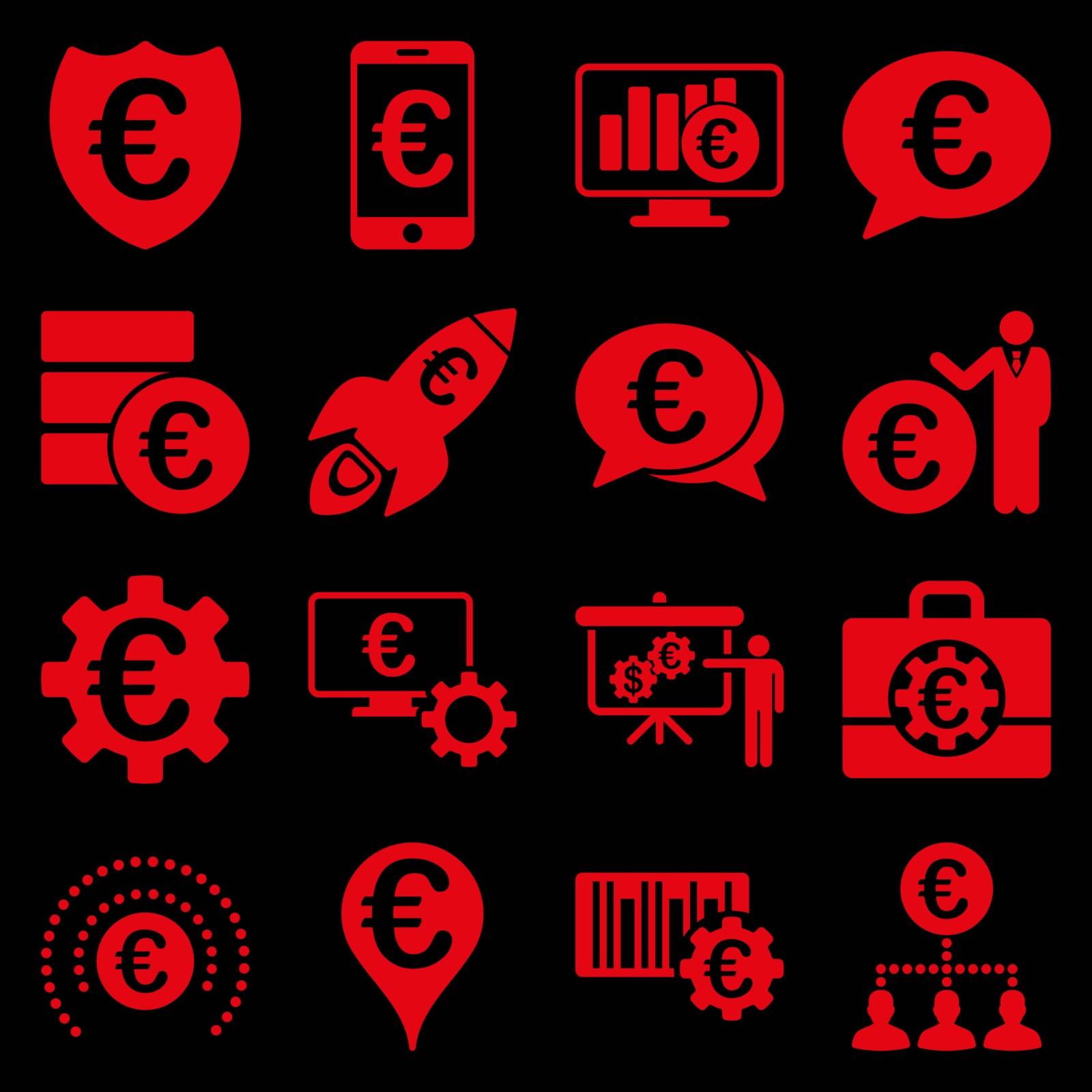 Euro banking business and service tools icons. These flat icons use red color. Images are isolated on a black background. Angles are rounded.