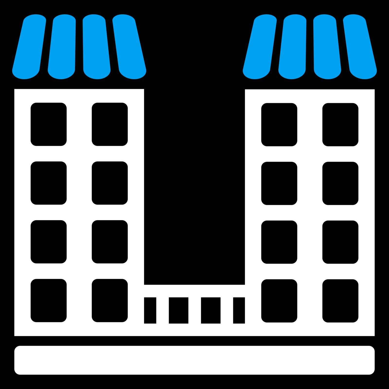 Company icon. This flat vector symbol uses blue and white colors, rounded angles, and isolated on a black background.
