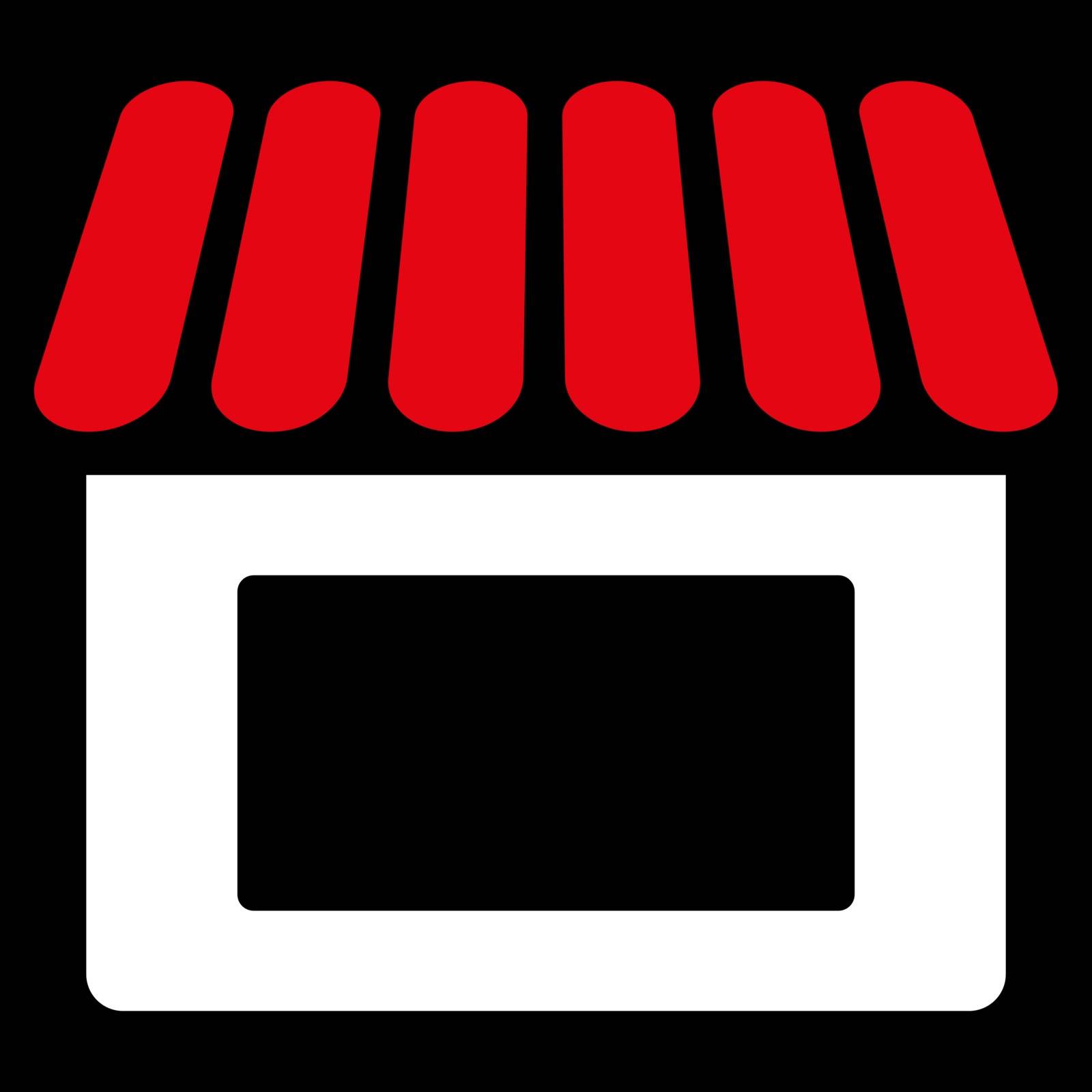 Shop icon. This flat vector symbol uses red and white colors, rounded angles, and isolated on a black background.