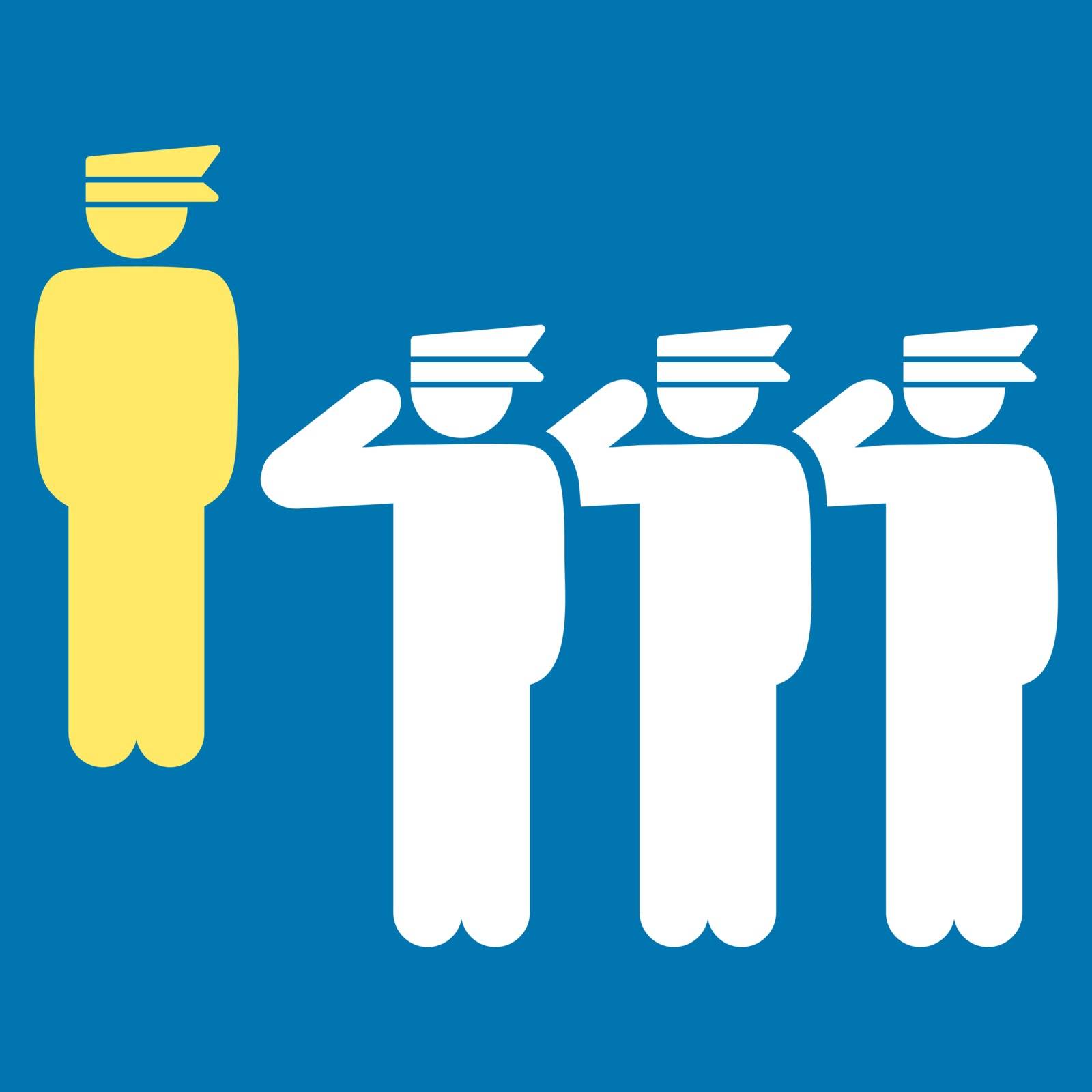 Army icon. This flat vector symbol uses yellow and white colors, rounded angles, and isolated on a blue background.