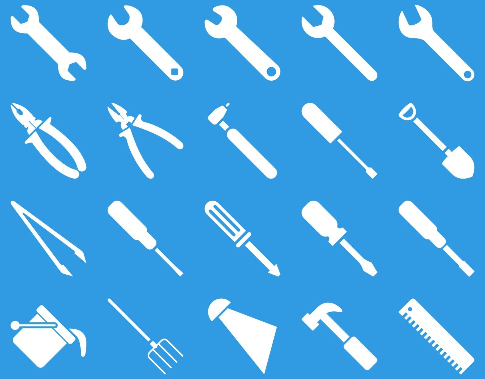 Equipment and Tools Icons. Vector set style is flat images, white color, isolated on a blue background.