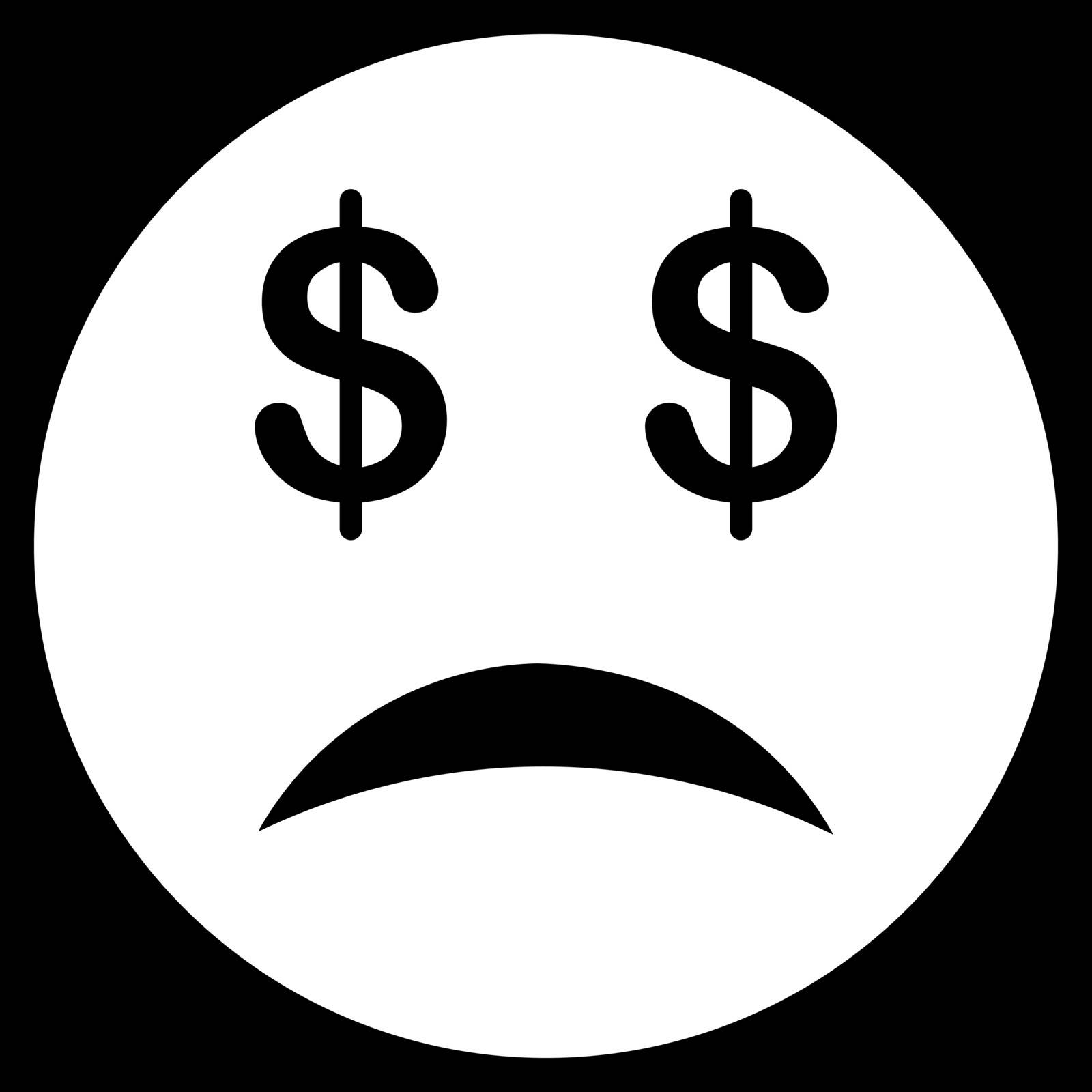 Bankrupt Smiley icon from Commerce Set. Vector style is flat symbol, white color, rounded angles, black background.