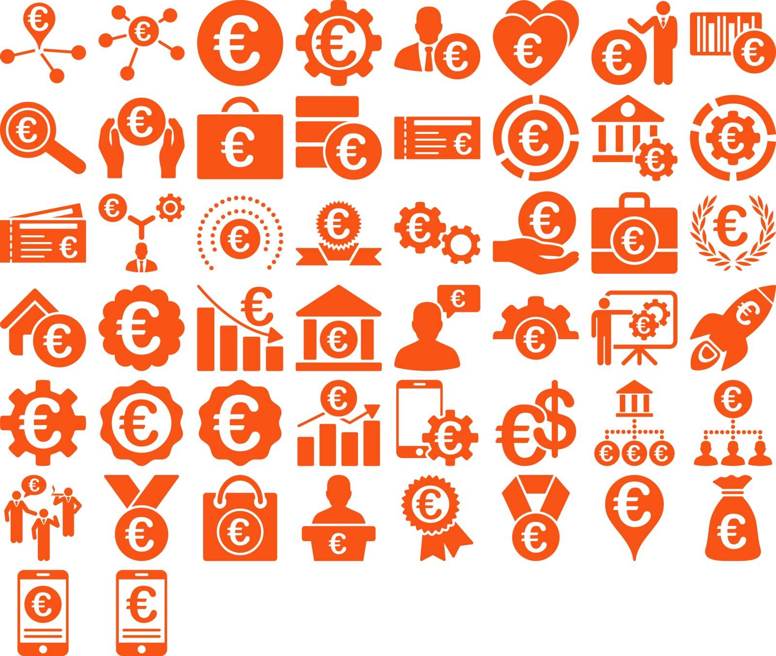 Euro Business Iconst. These flat icons use orange color. Vector images are isolated on a white background. 