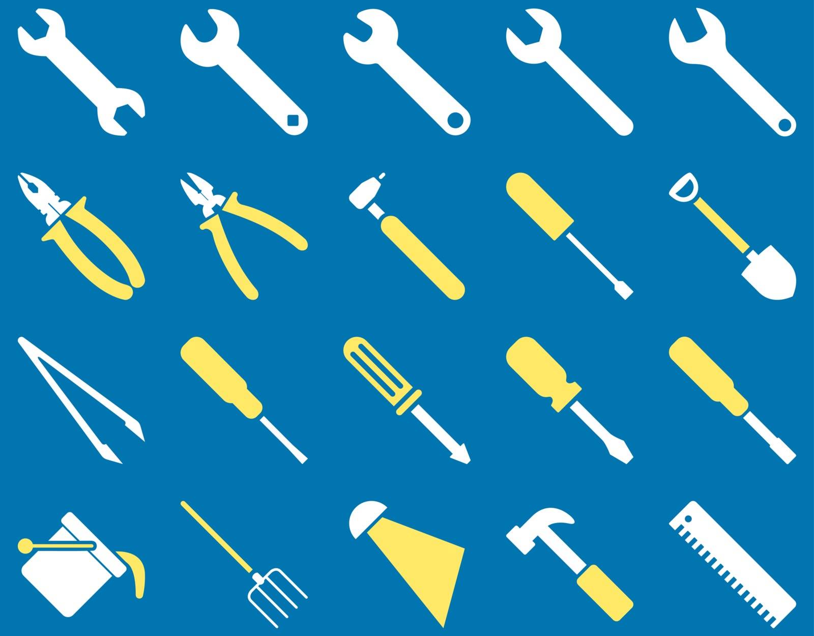 Equipment and Tools Icons. Vector set style is bicolor flat images, yellow and white colors, isolated on a blue background.