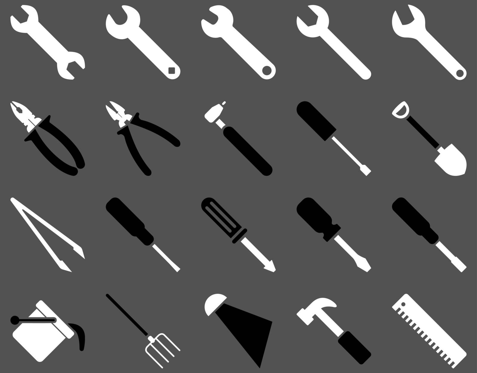 Equipment and Tools Icons. Vector set style is bicolor flat images, black and white colors, isolated on a gray background.