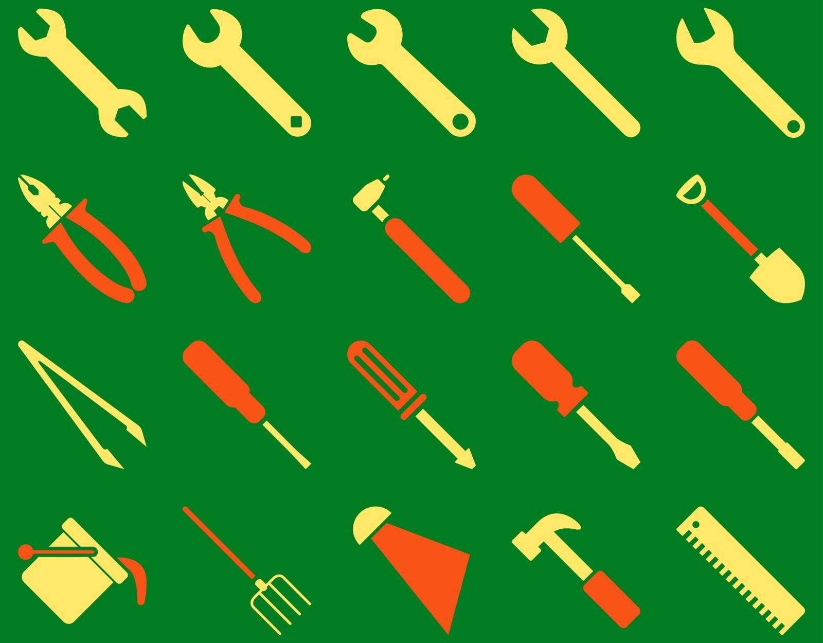Equipment and Tools Icons. Vector set style is bicolor flat images, orange and yellow colors, isolated on a green background.