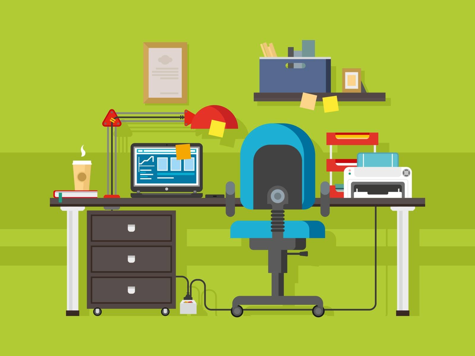Office workplace. Interior creative, coffee and printer, furniture and folder, shelf and lamp, chair and laptop, flat vector workspace illustration