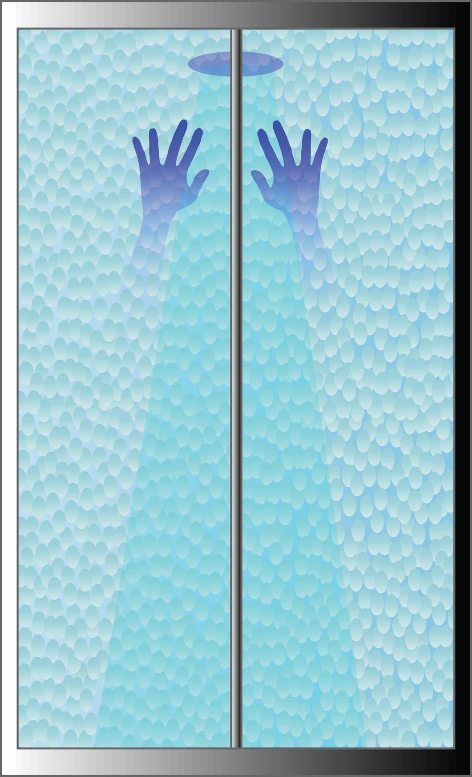 A shower screen with the a pair of hands on the glass